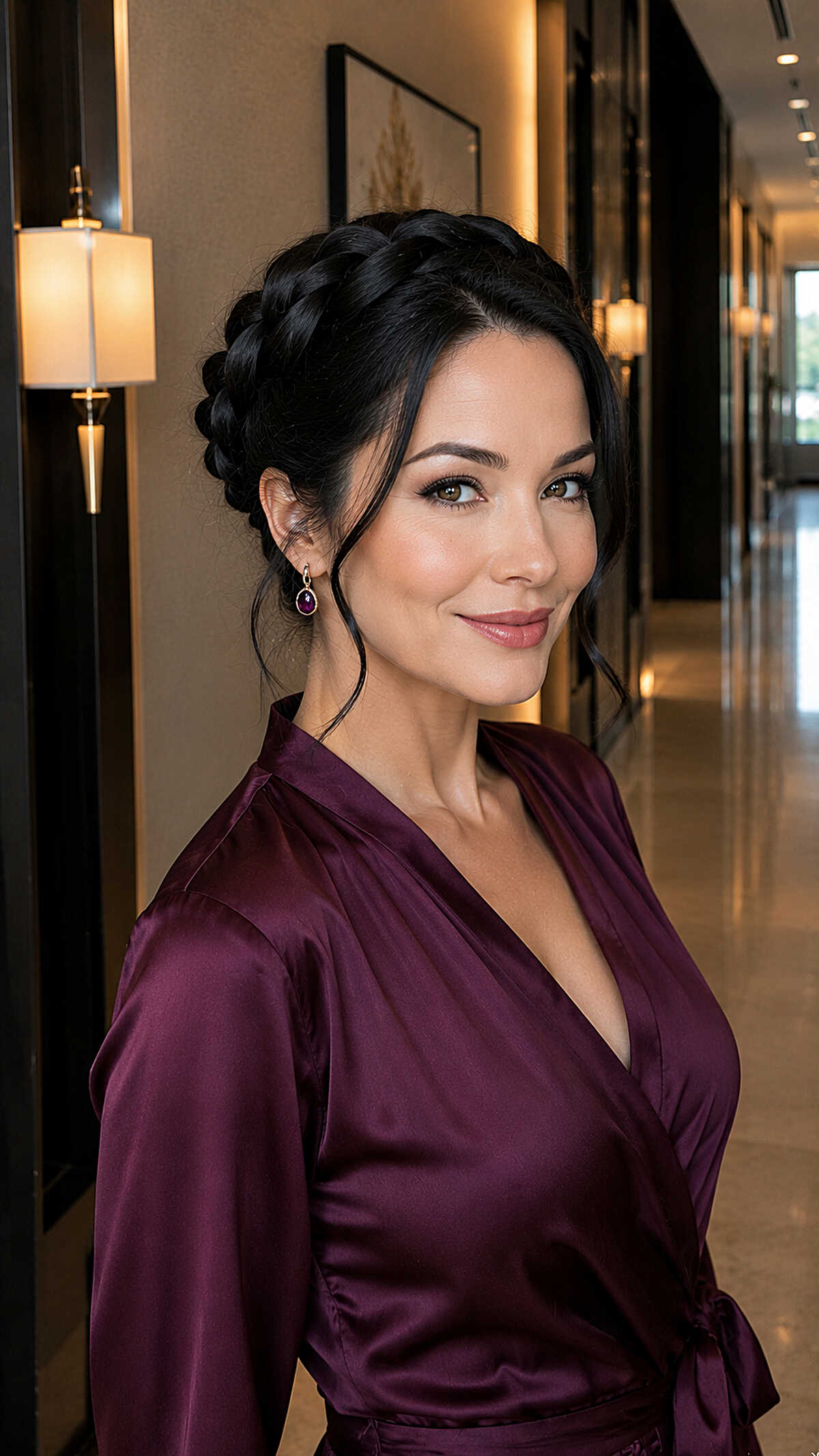 Black hair crown braid updo with plum satin dress
