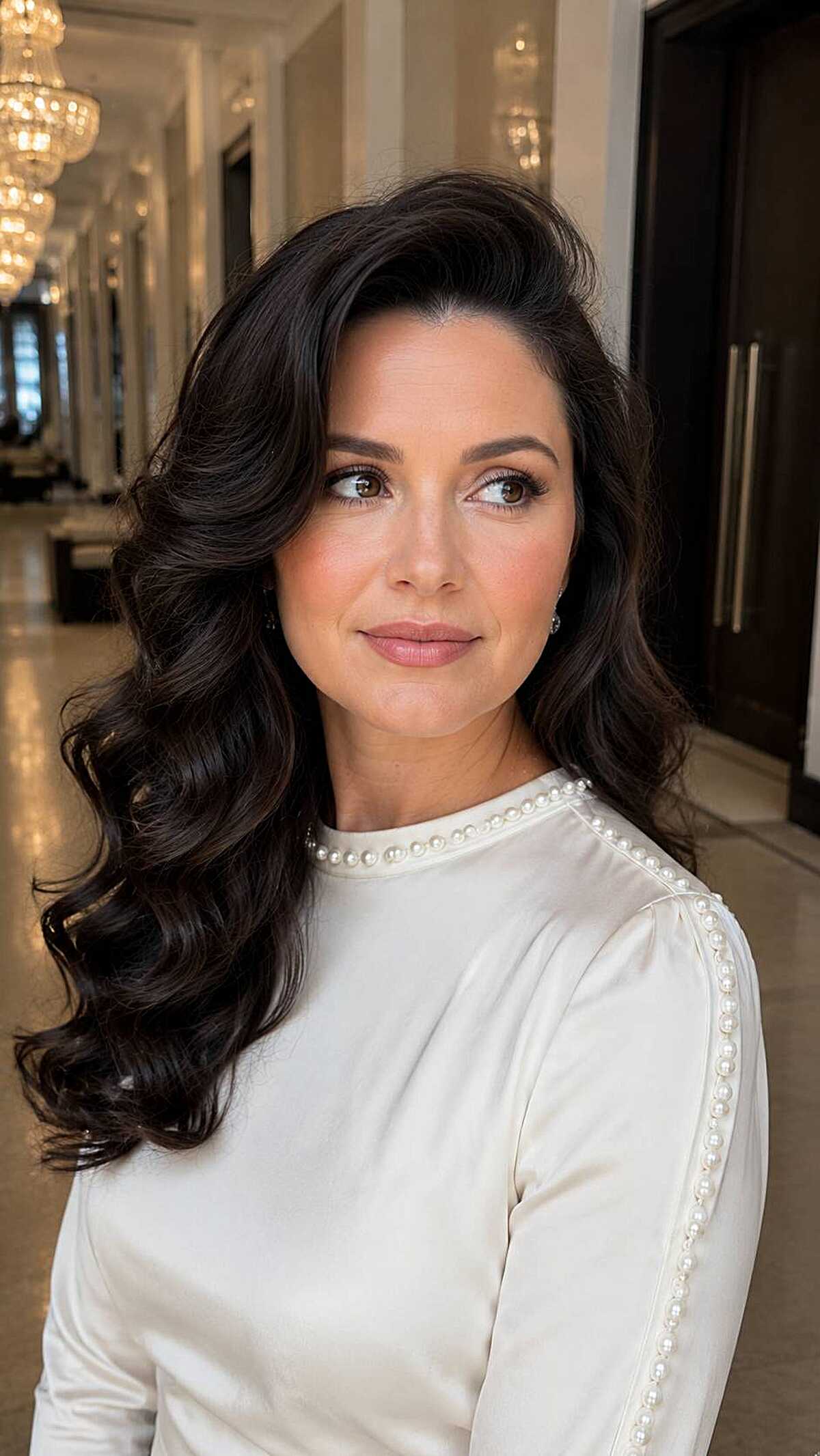 Jet black voluminous side-swept curls with pearl collar top
