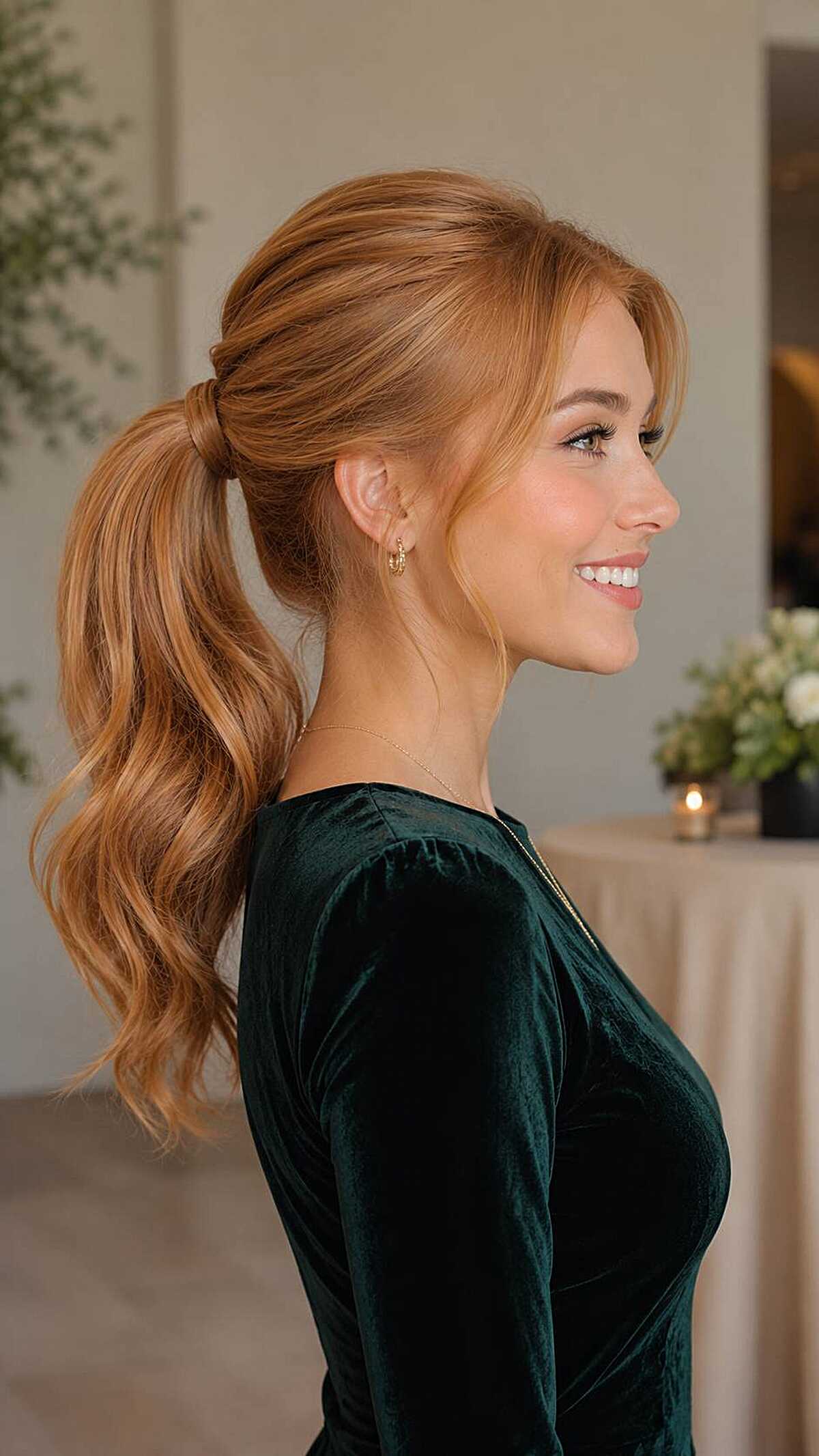 Strawberry blonde low ponytail with green velvet dress