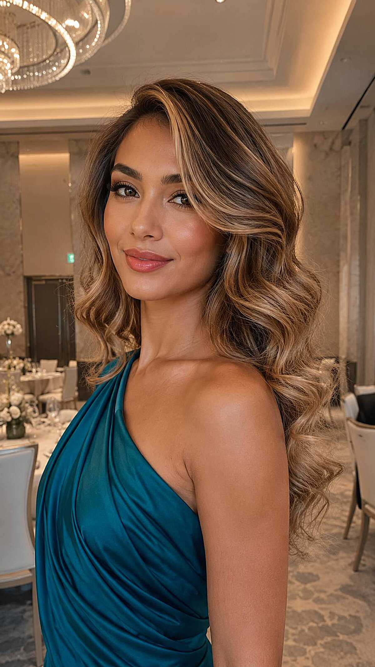 Brunette to golden balayage voluminous curls with teal gown
