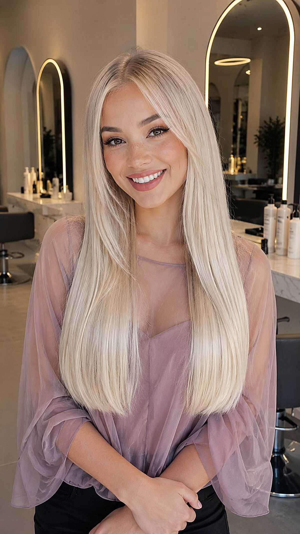 Long platinum blonde sleek straight hair with soft layers