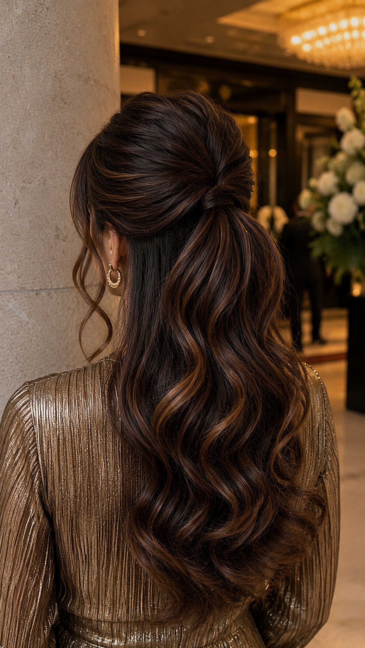 Brunette half-up with volume and loose curls in gold dress