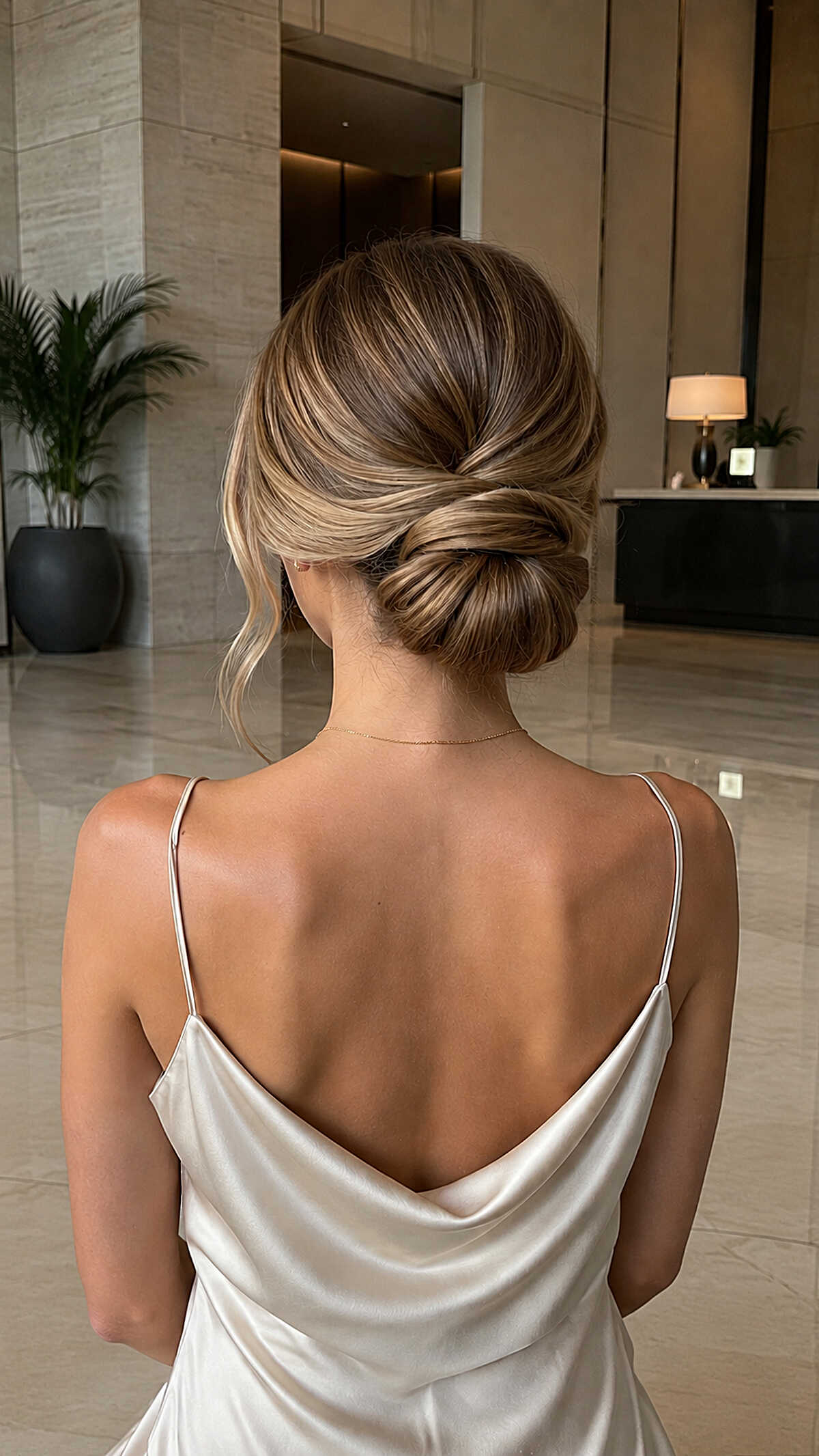 Low twisted bun updo on blonde hair with loose tendrils