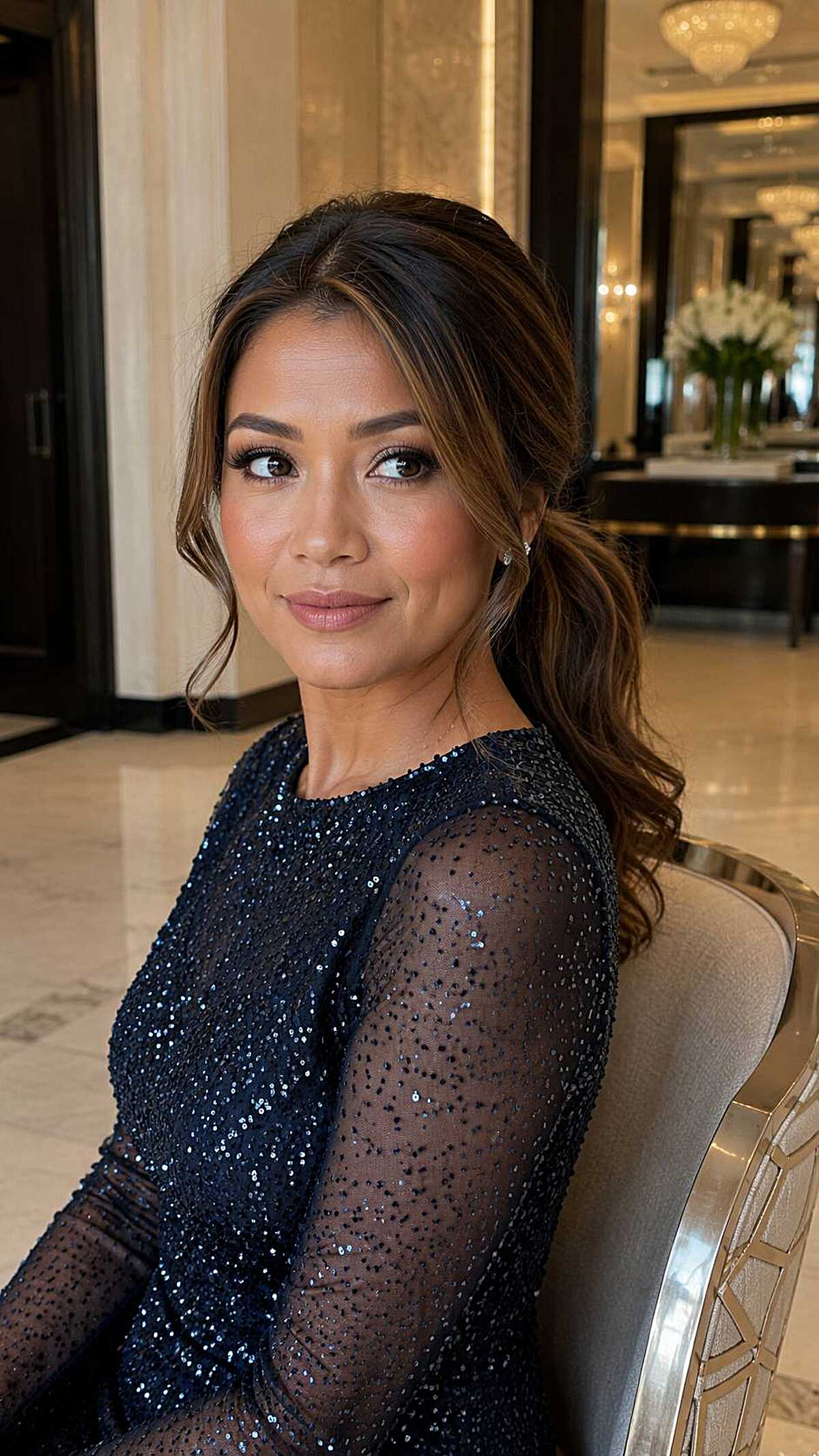Brunette balayage soft waves with navy sparkle dress