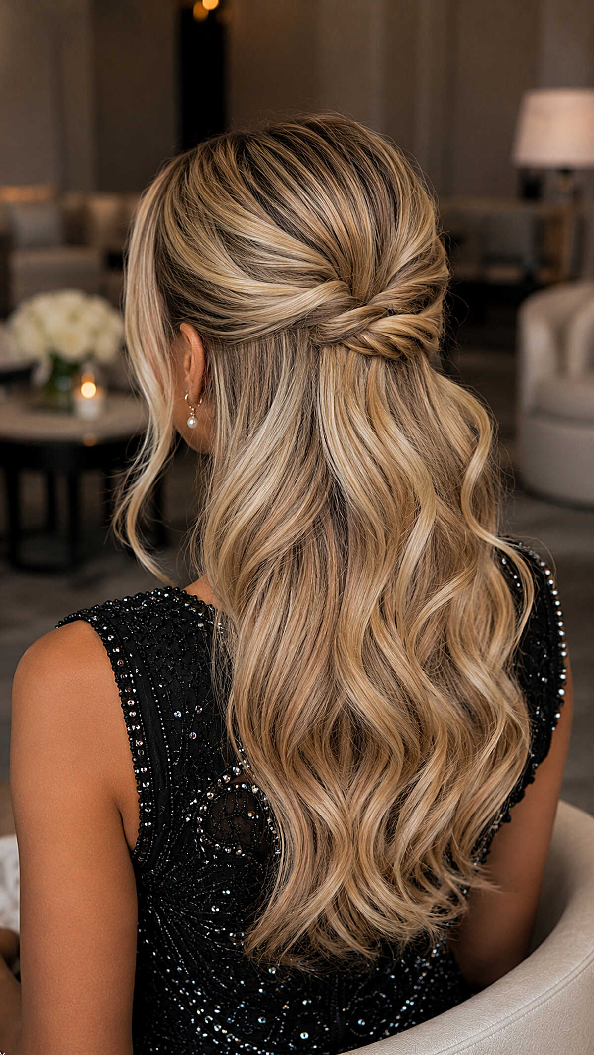 Blonde half-up twist with waves and black beaded dress