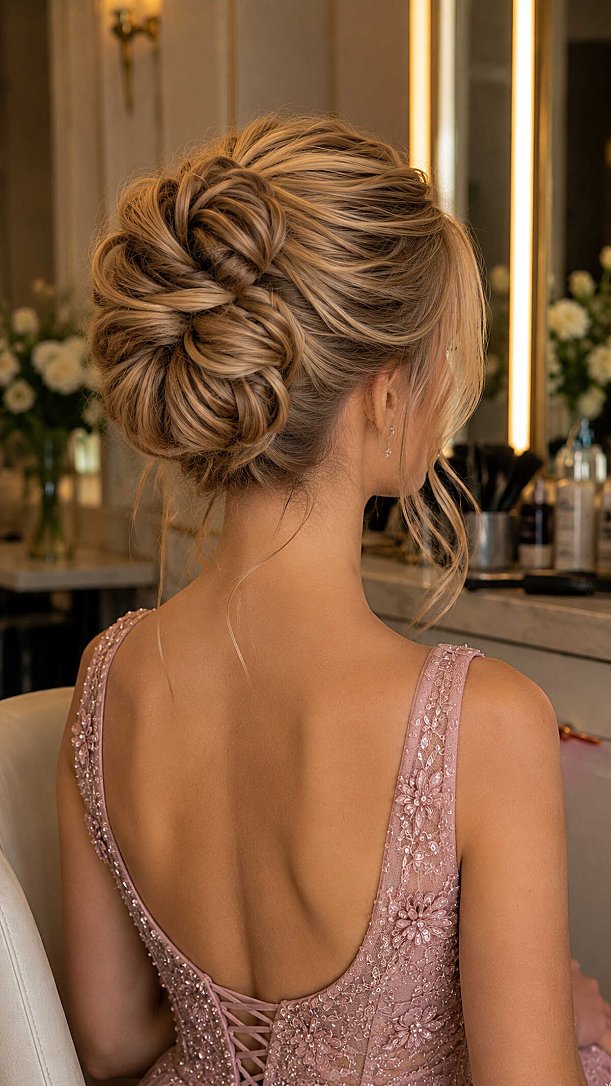 Intricate woven high updo on blonde with pink gown