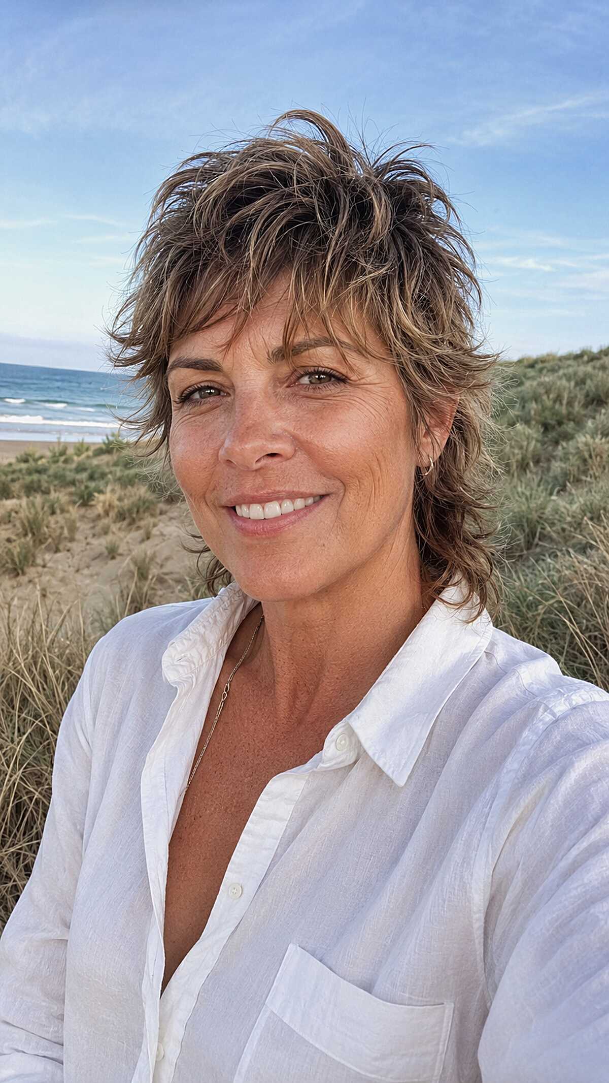Beachy Brunette Shag Mullet with Natural Highlights