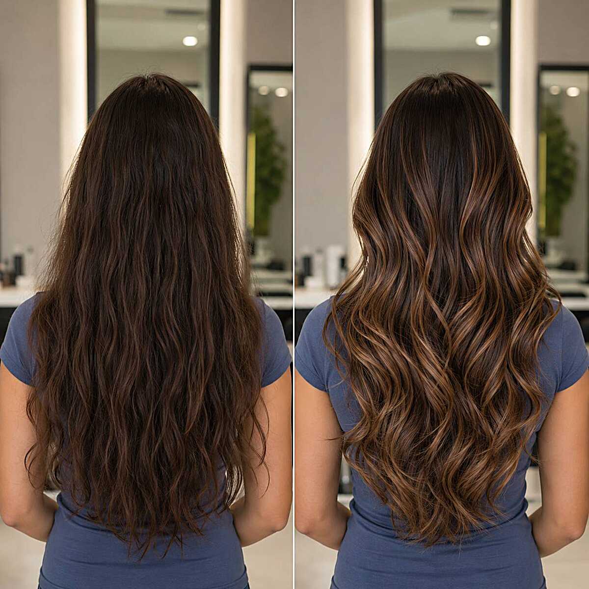 Before and after brunette balayage transformation side by side