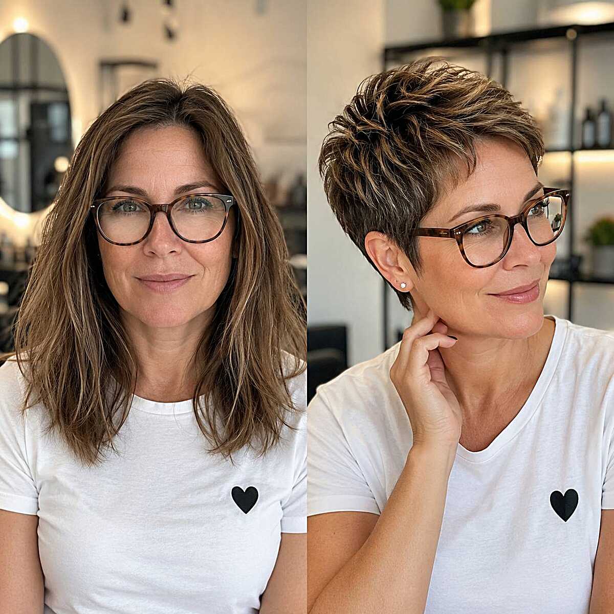 Before and after pixie transformation with glasses