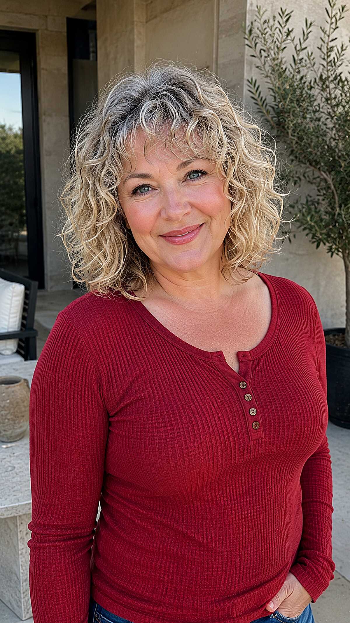 Blonde and Silver Curly Shag with Loose Bangs and Natural Root Blend