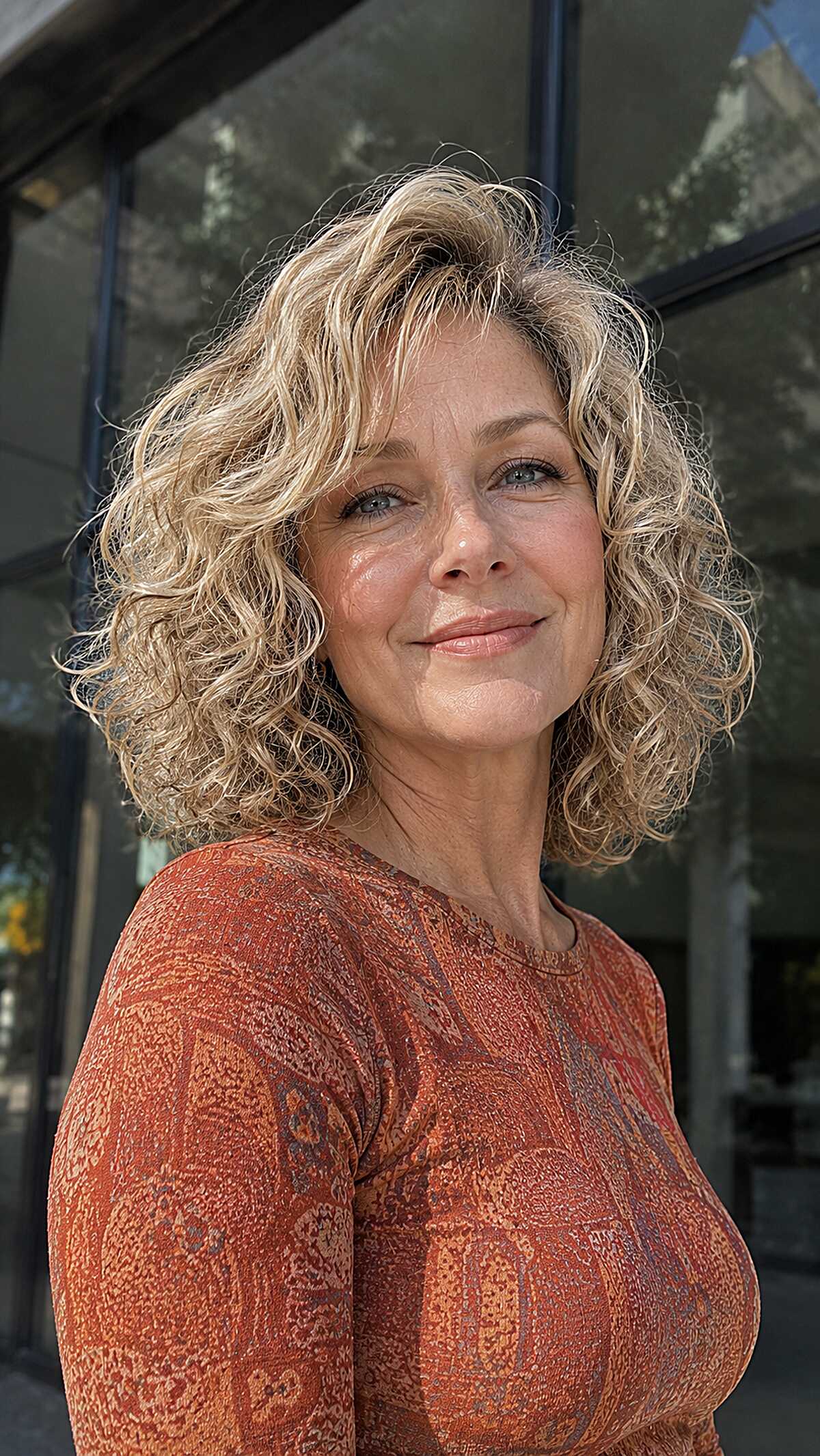 Blonde Curly Bob with Loose Layers and Natural Root Depth