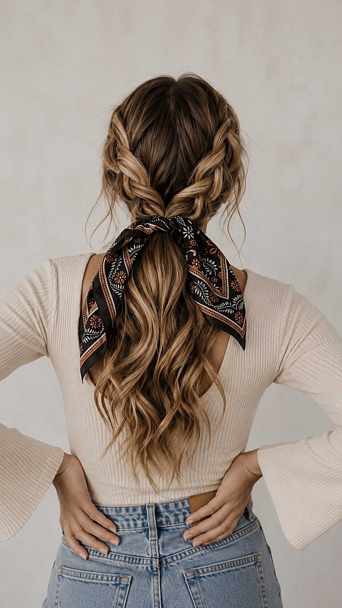 Boho braids into low ponytail with printed hair scarf