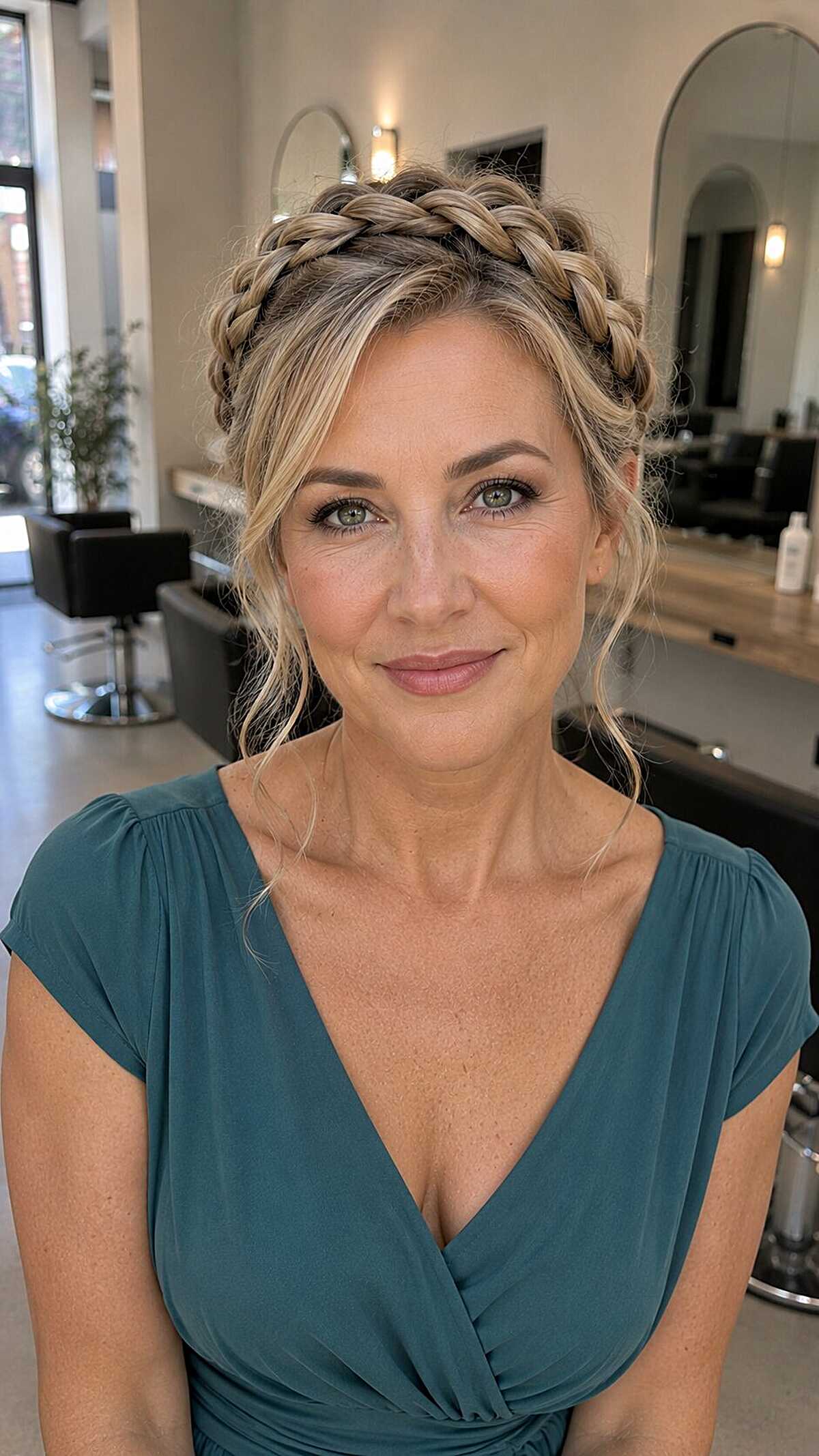 Braided crown updo with blonde highlights