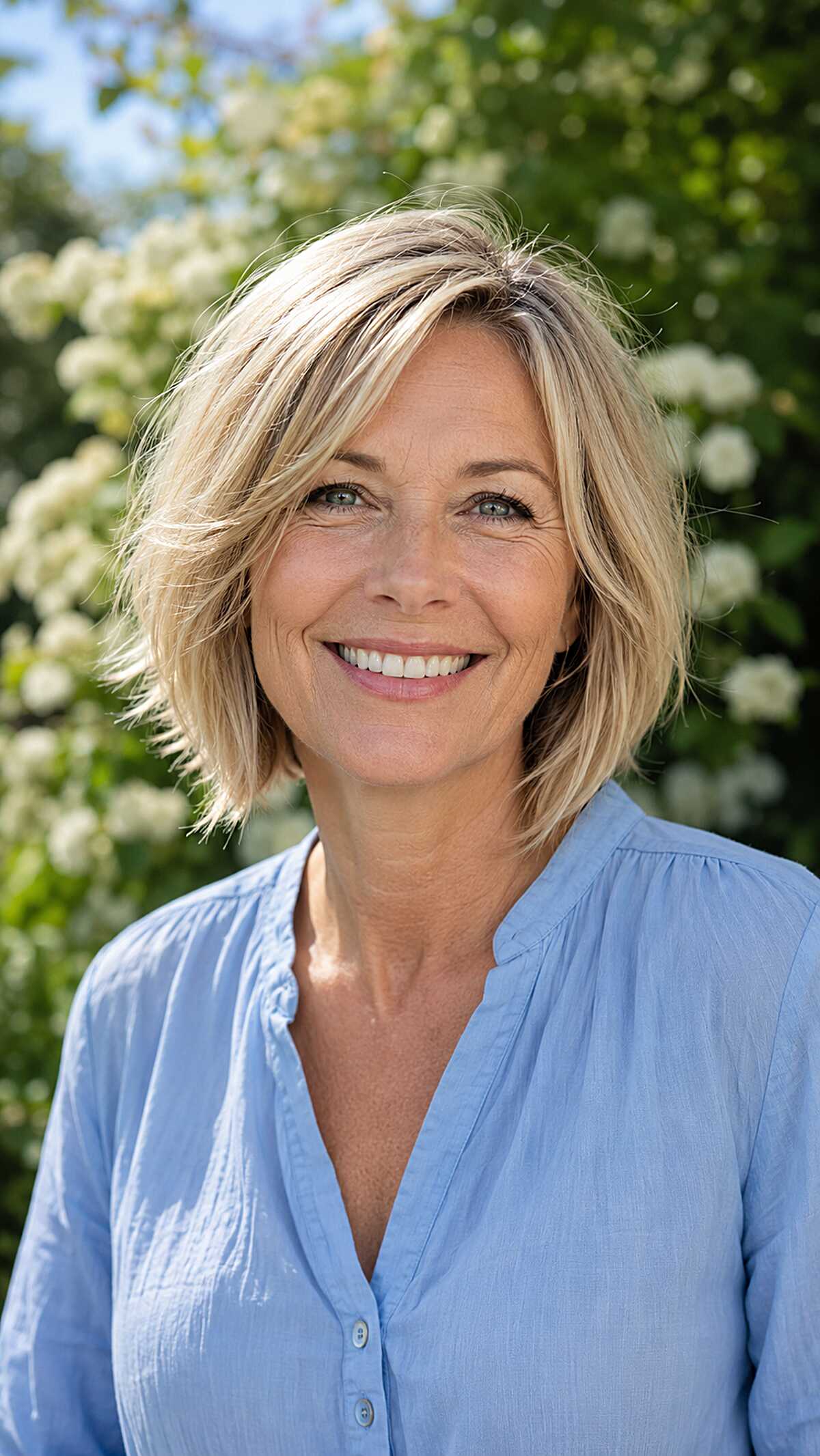 Blonde chin-length bob with side-swept layers