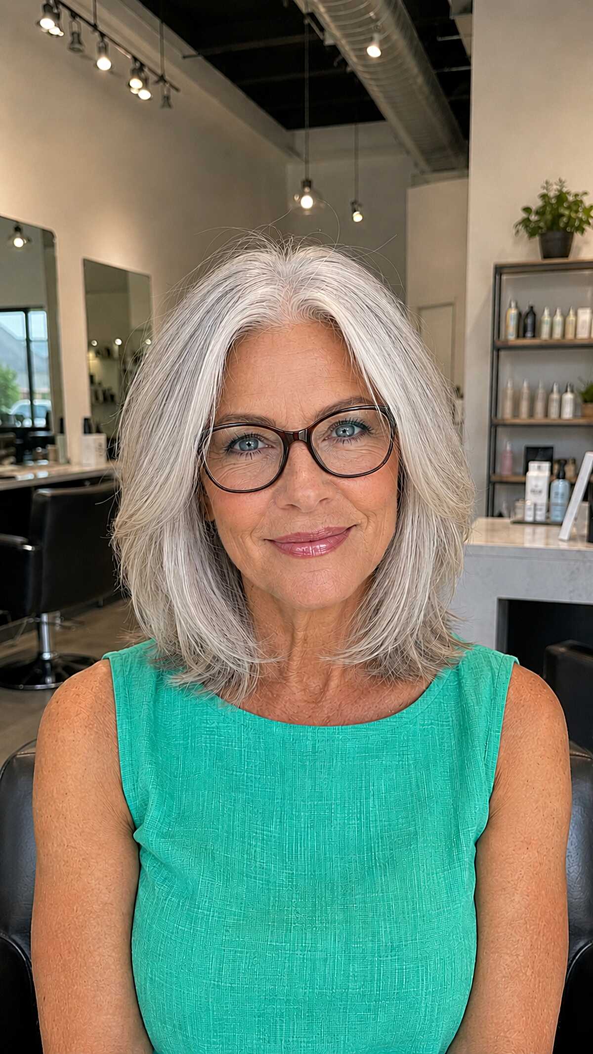 Bright Silver Lob with Flippy Layered Ends and Soft Face Framing