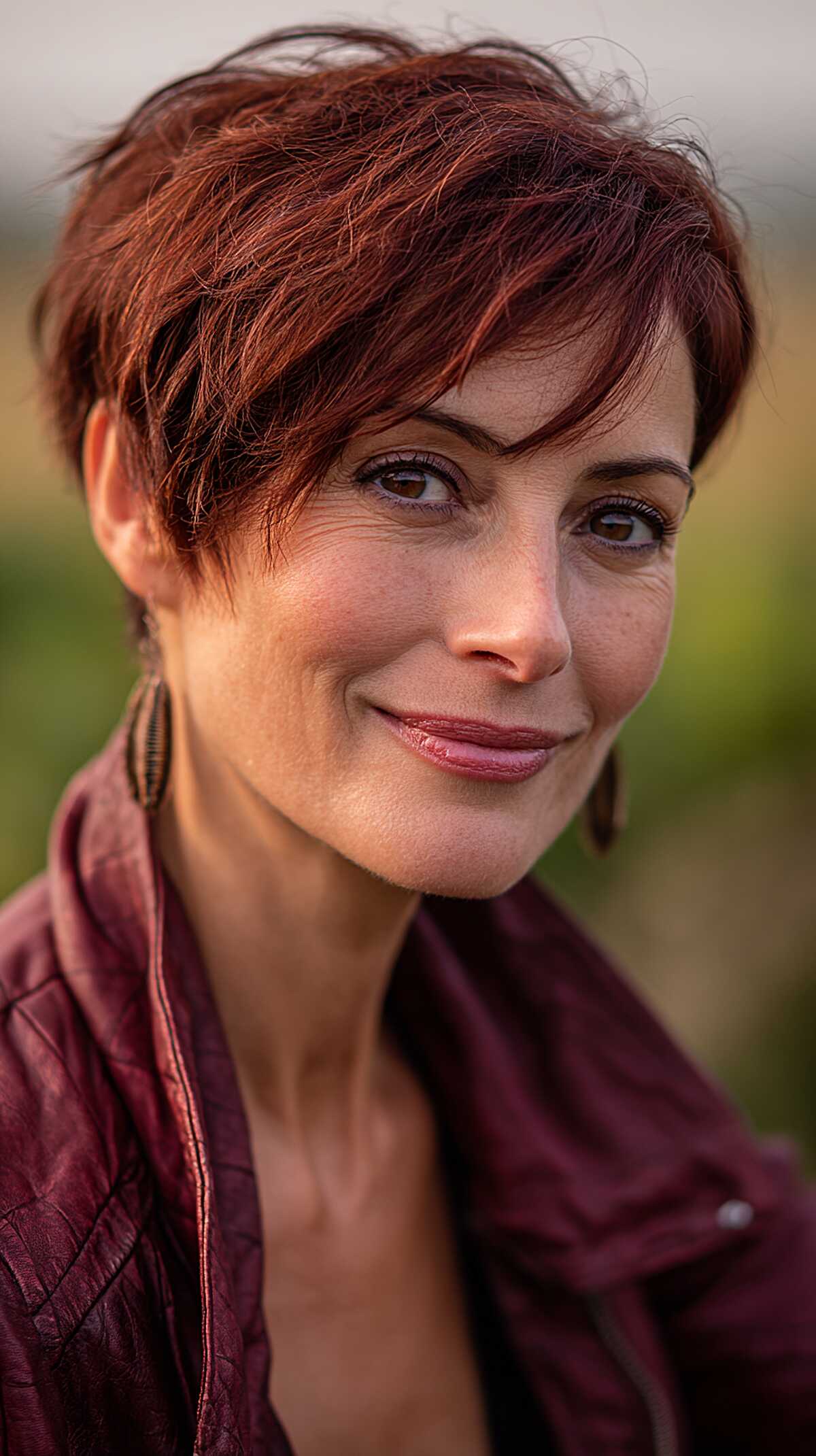 Burgundy Razored Pixie with Feathered Fringe