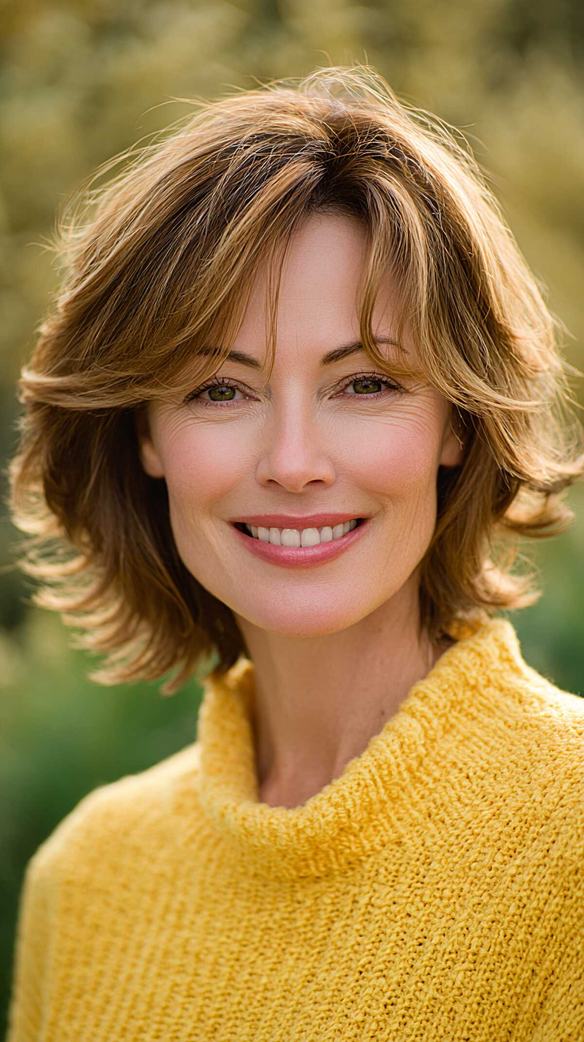 Caramel highlighted layered bob with soft side fringe