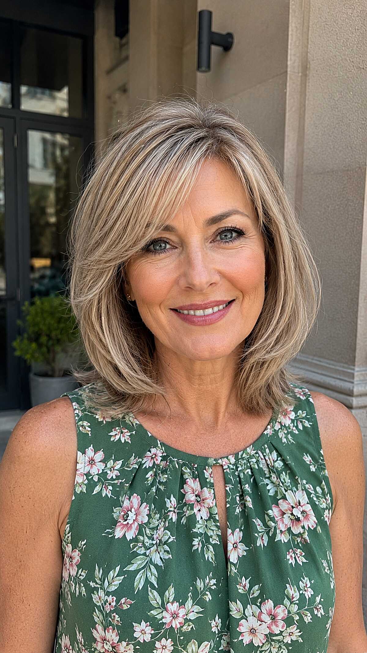 Champagne Blonde Layered Bob with Feathered Side Bangs