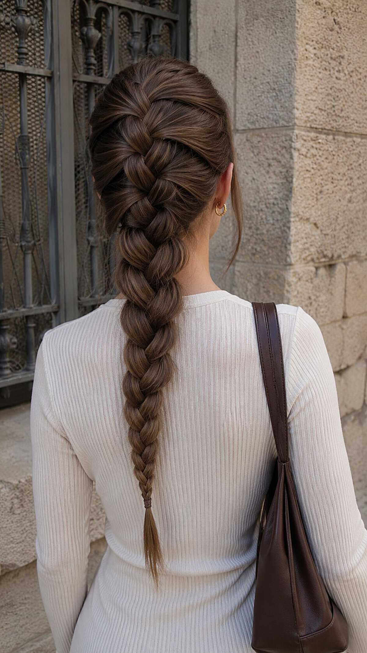 Classic long French braid on brunette from behind
