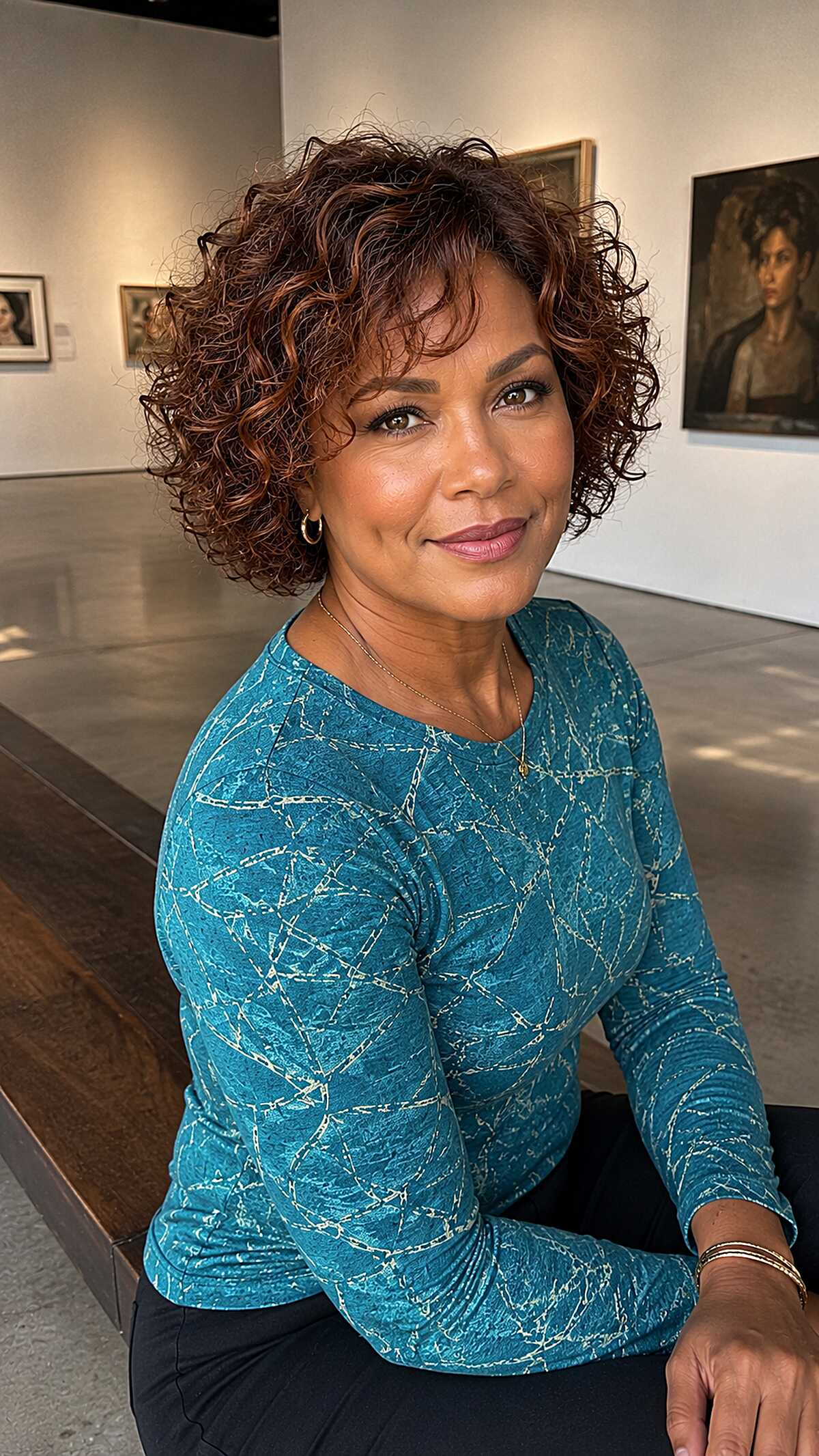 Copper-Kissed Curly Bob with Rounded Shape