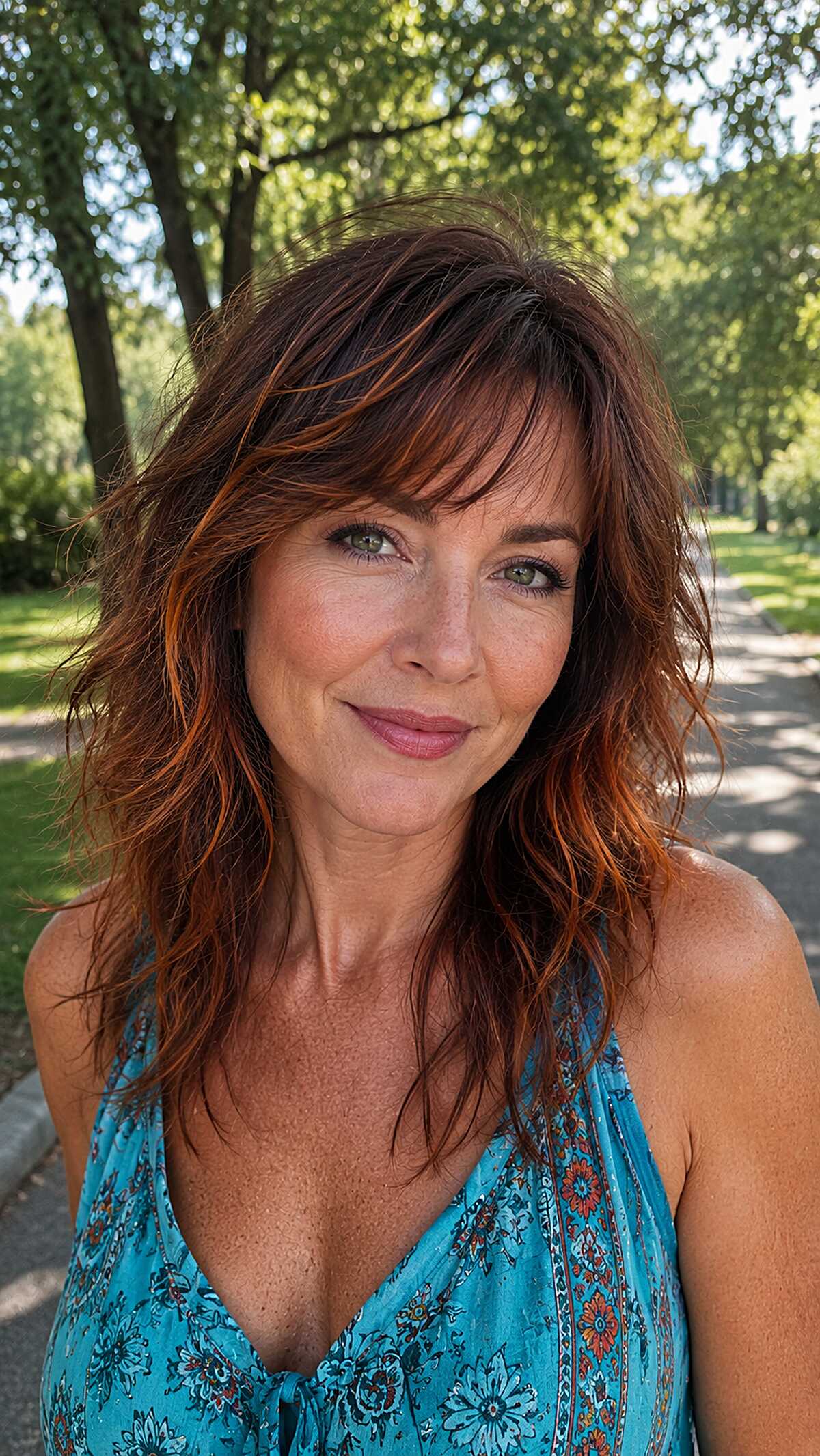Copper-Kissed Shaggy Layers with Feathered Bangs
