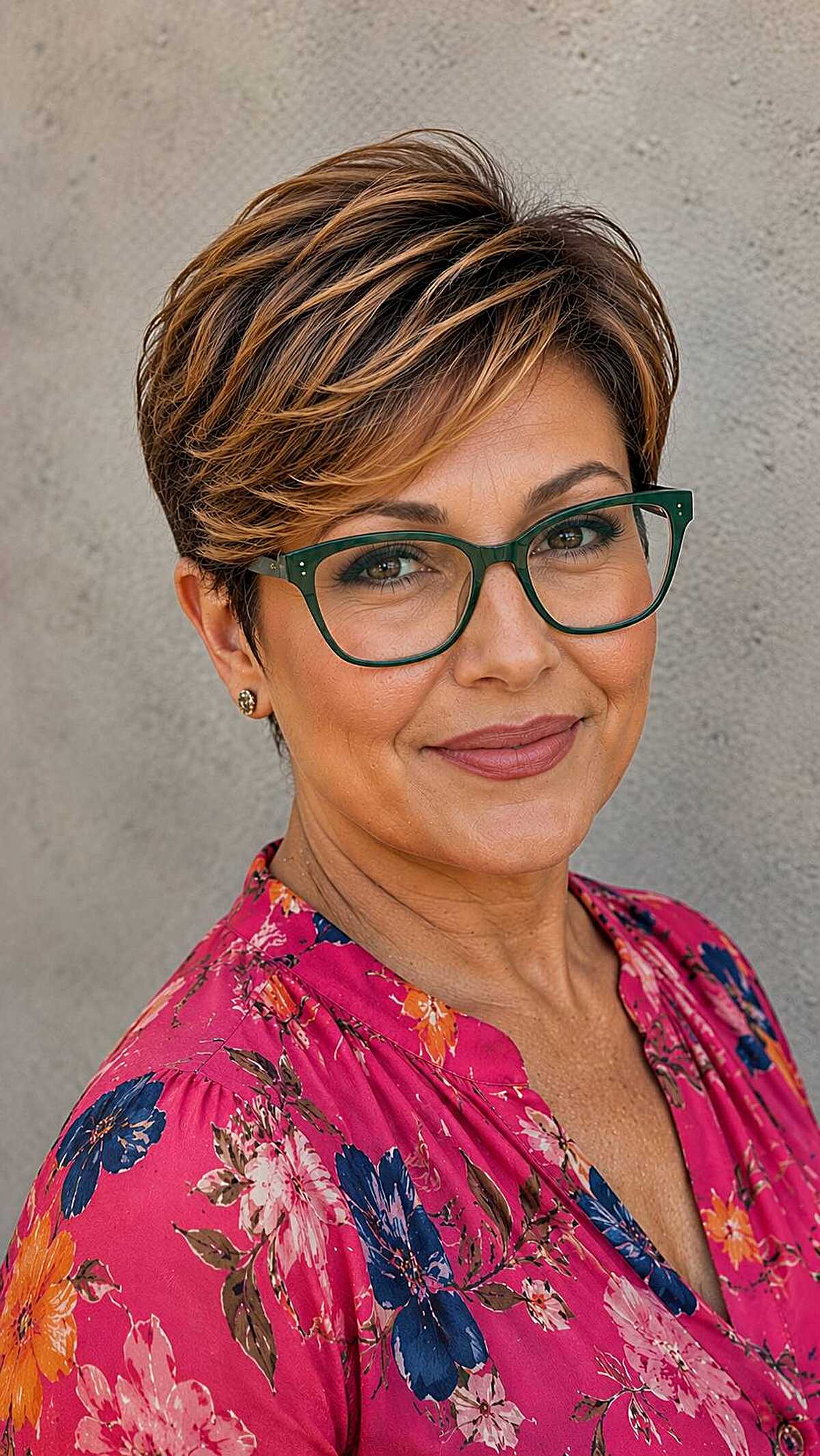 Copper-highlighted pixie with dark green glasses