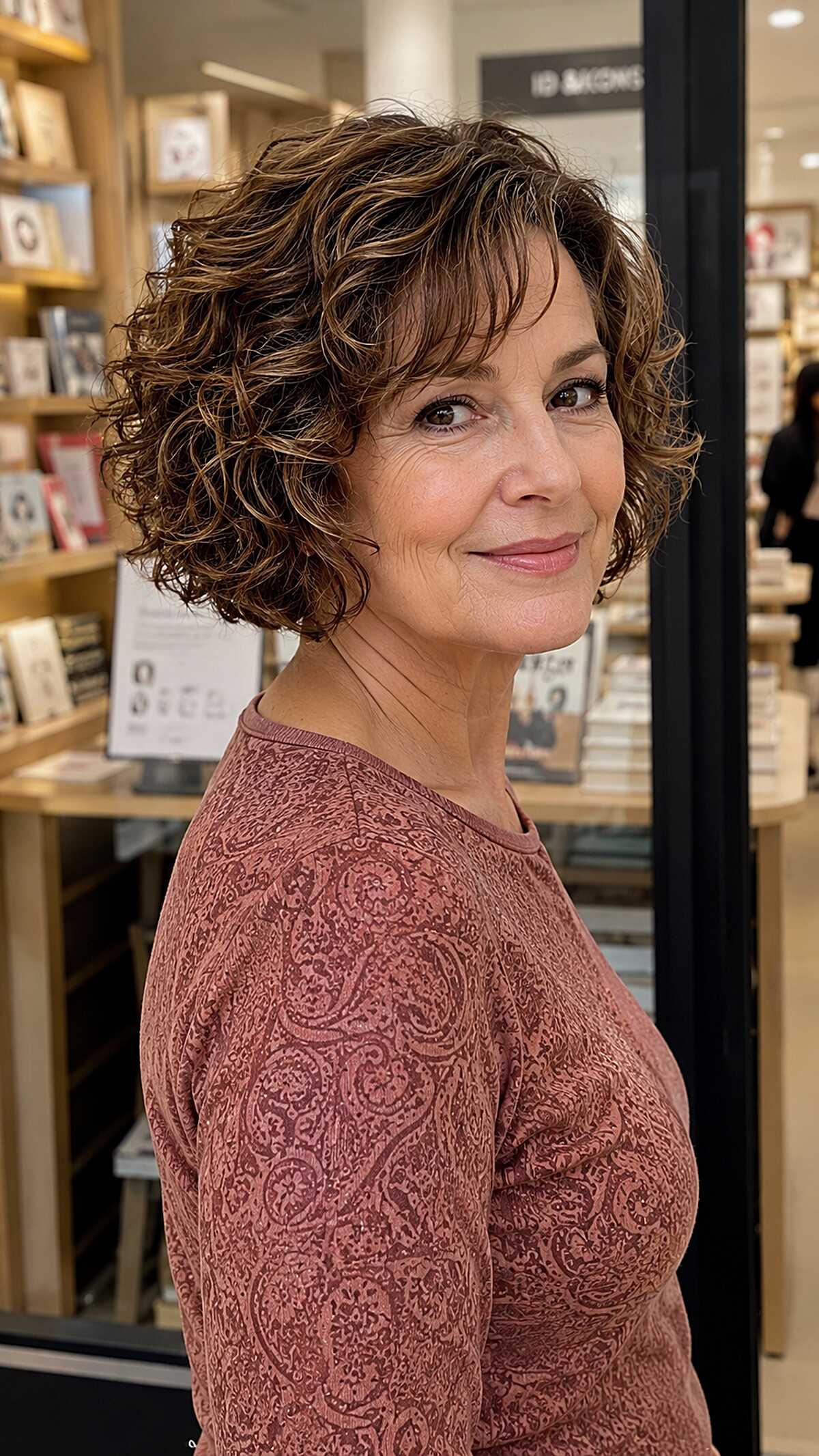 Curly Chin-Length Bob with Toffee Highlights and Tapered Nape