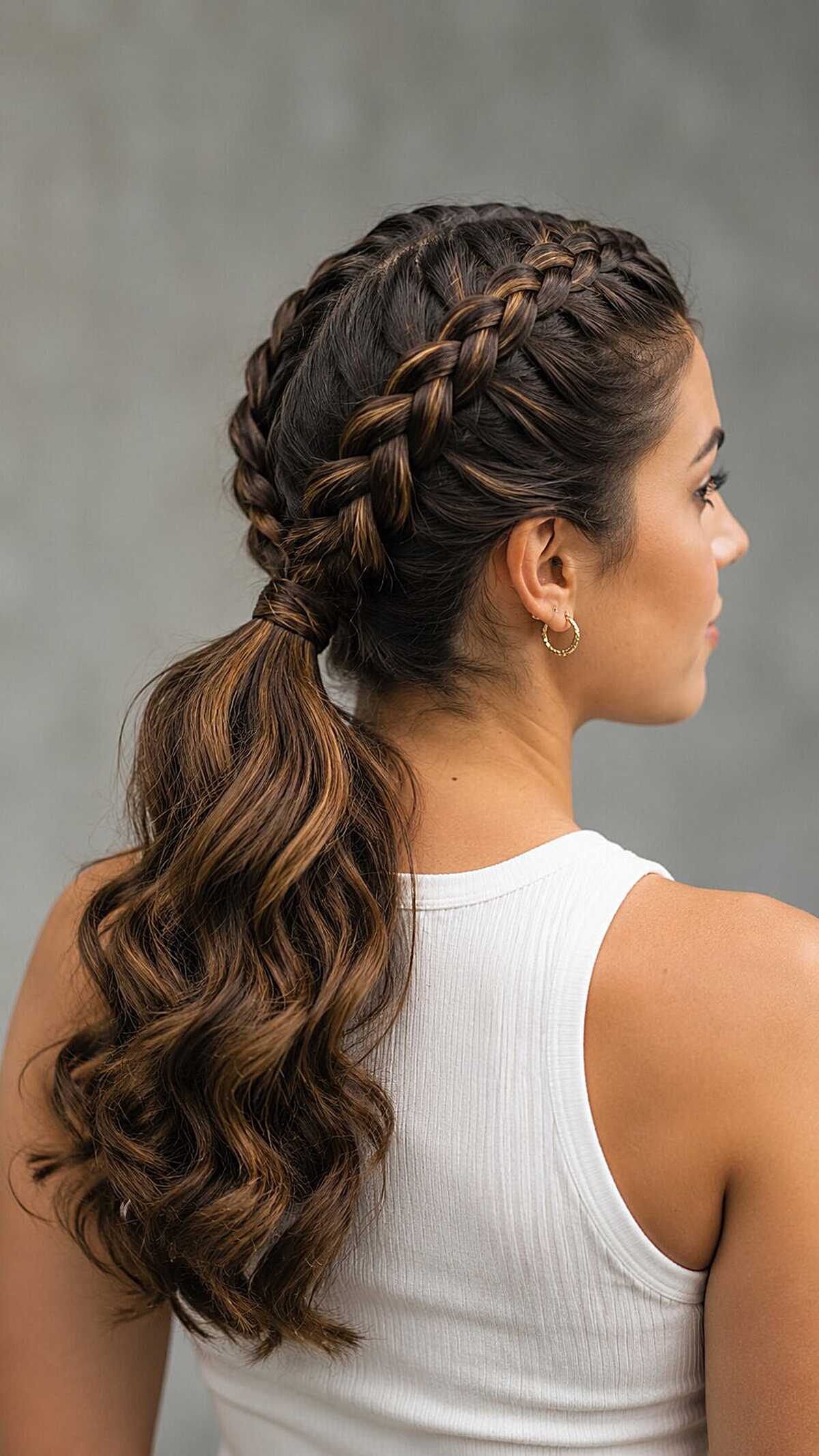 Double Dutch braids into ponytail with curled ends