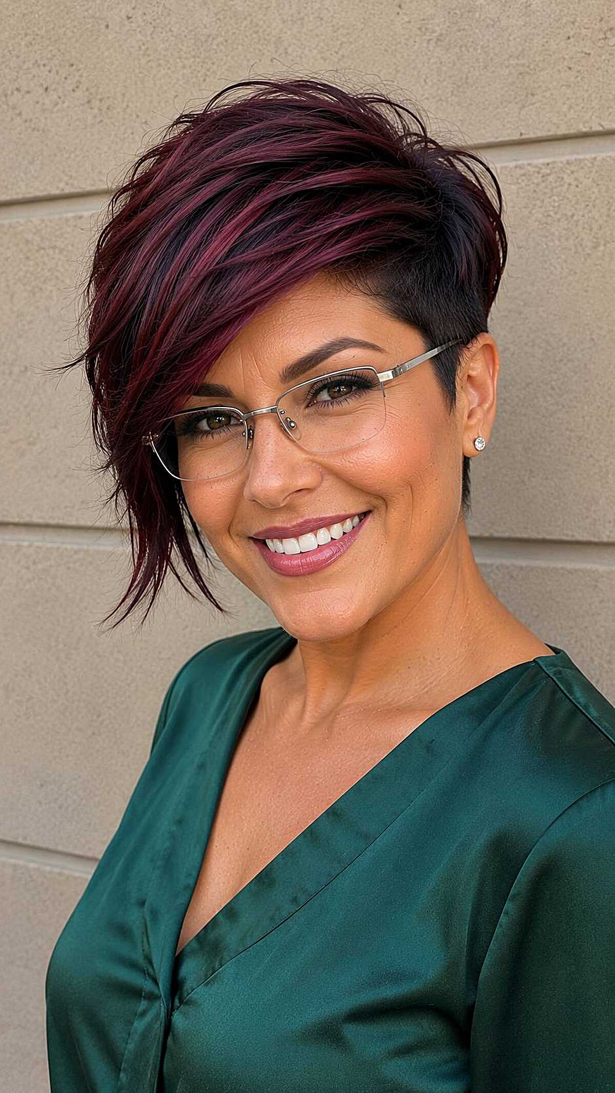Asymmetrical burgundy pixie with rimless glasses