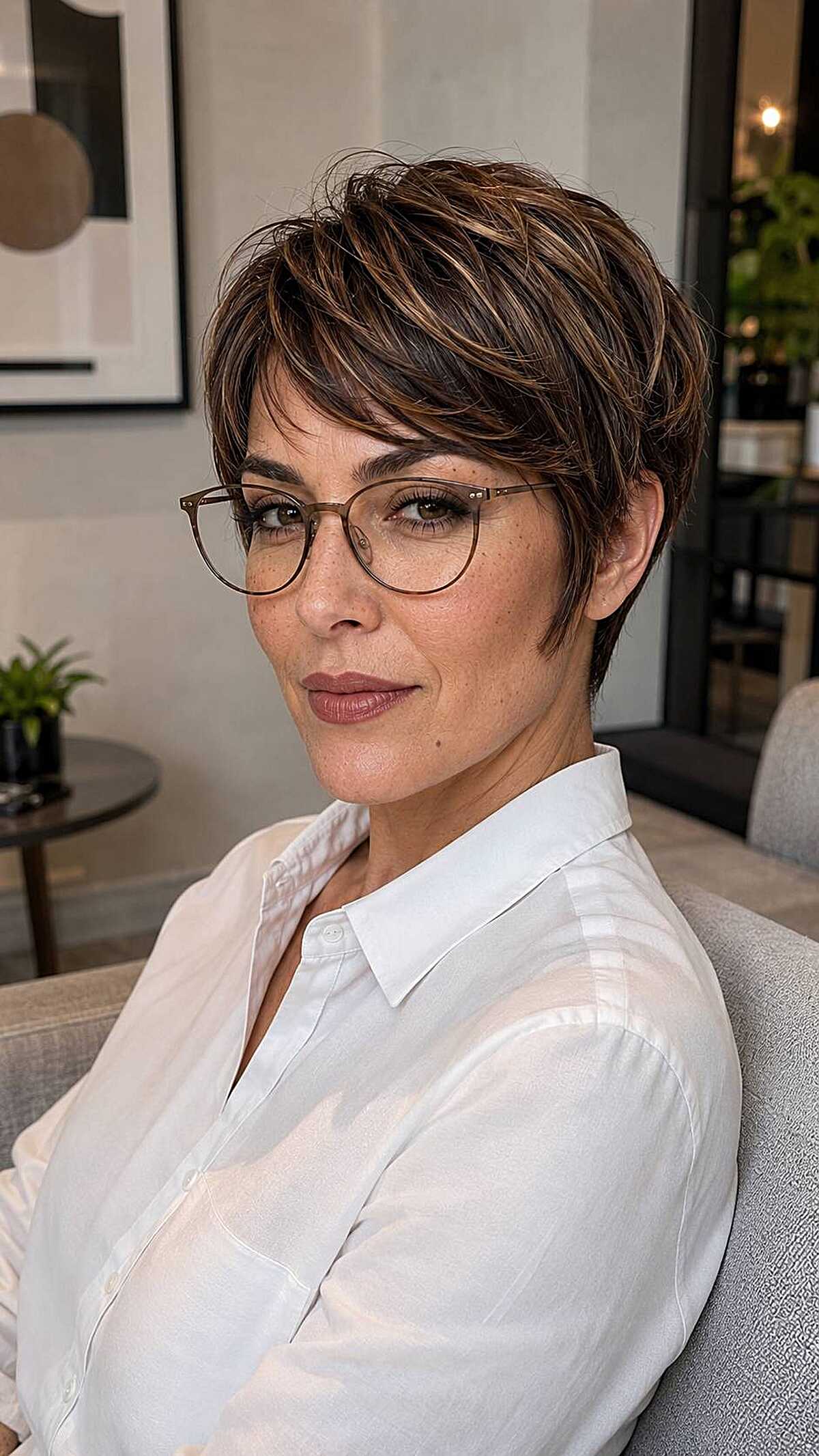 Dark brown pixie with espresso highlights and glasses