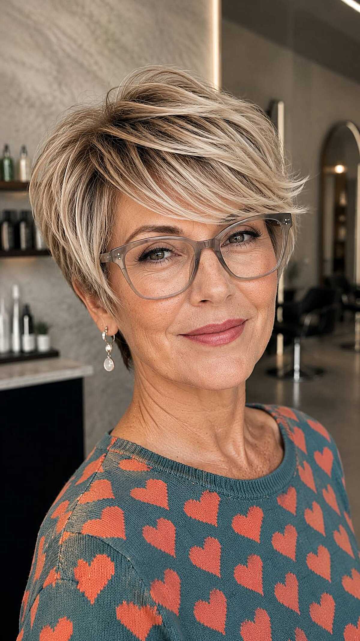 Feathered ash blonde pixie with taupe translucent frames