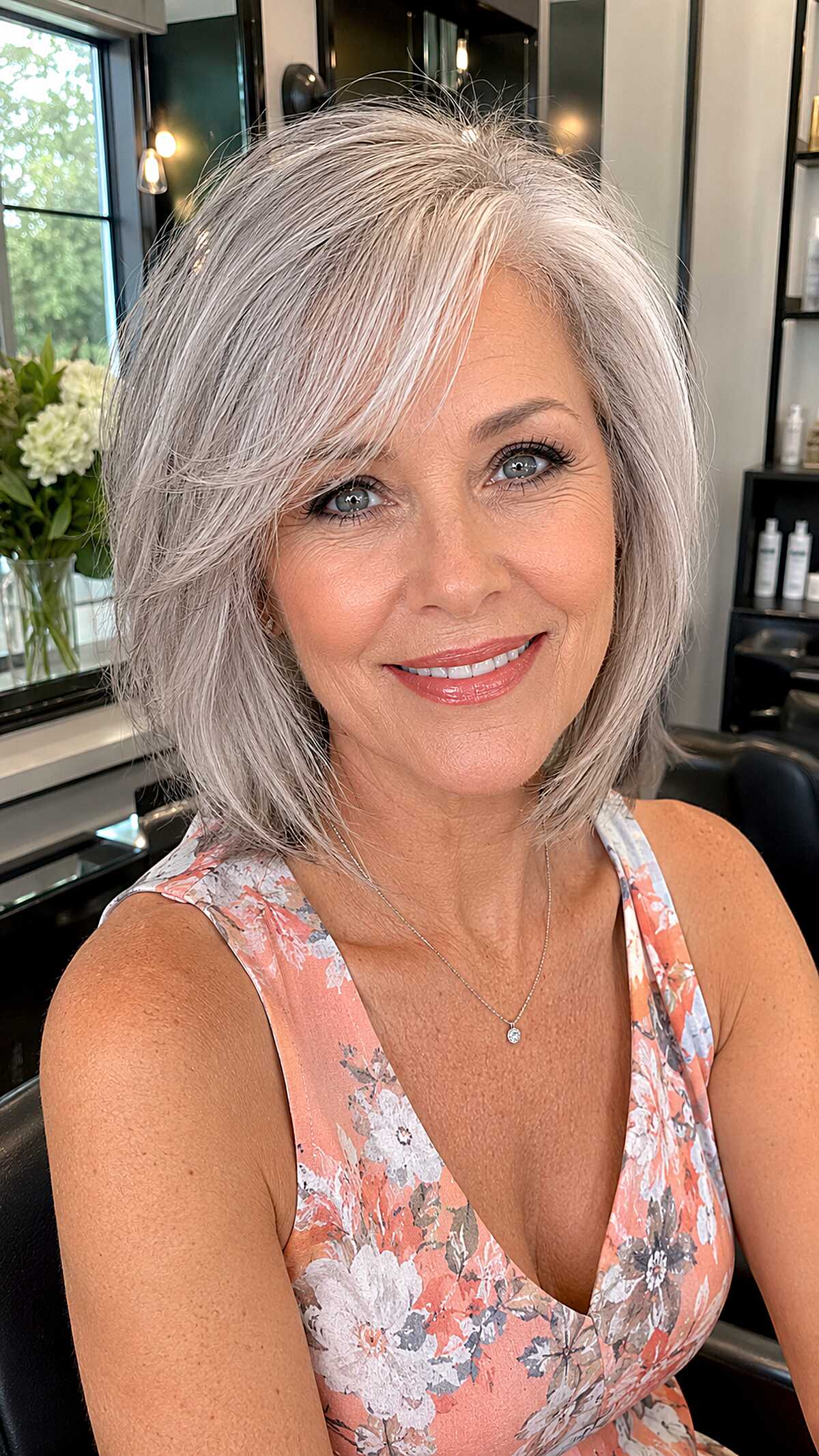 Feathered Silver Bob with Sweeping Curtain Layers