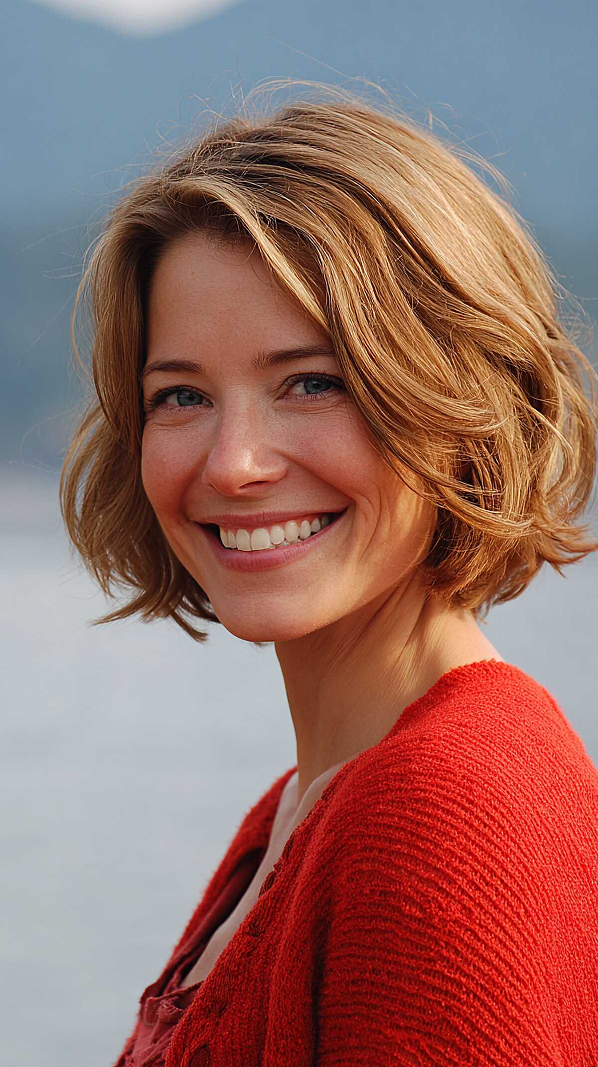 Golden blonde chin-length bob with loose wave