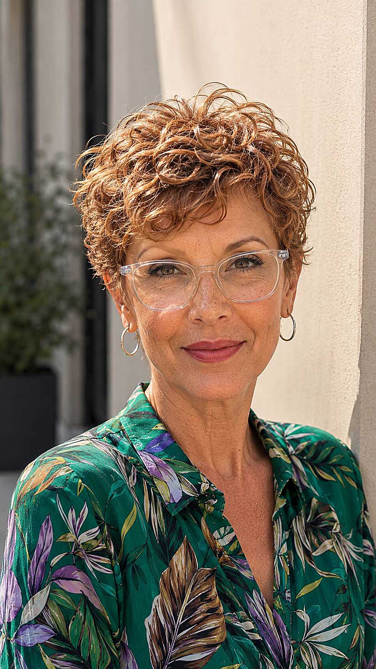 Golden copper curly pixie with clear round glasses