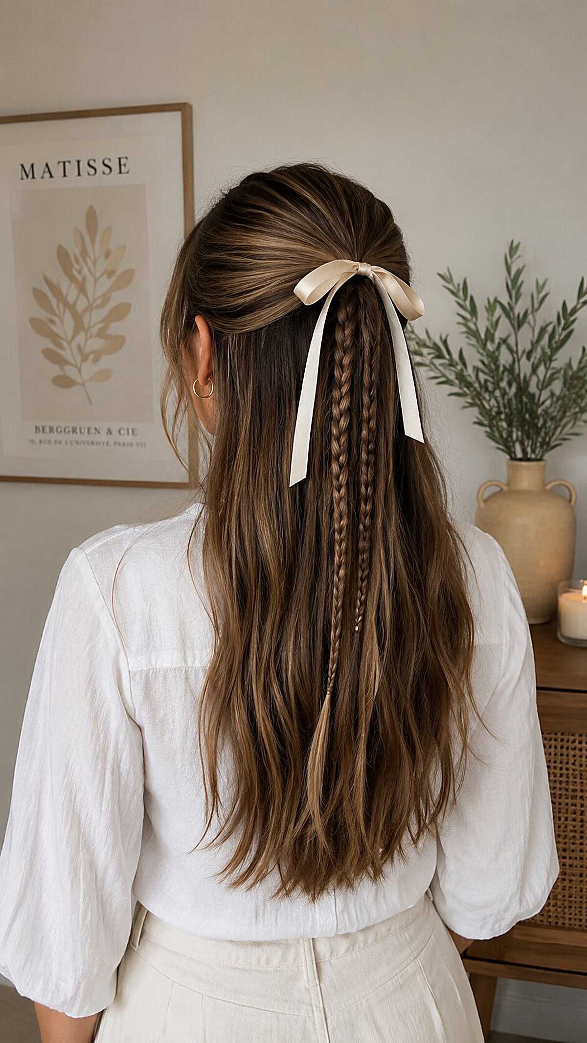 Half-up style with hidden braid and cream ribbon bow