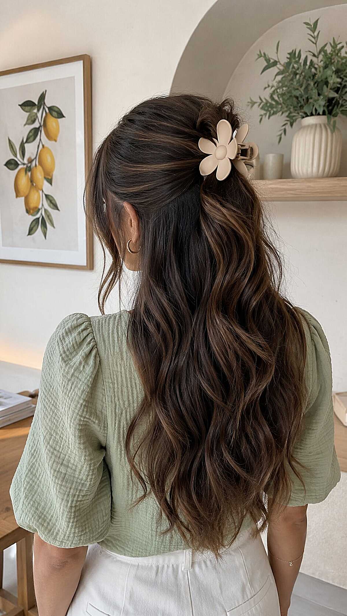 Dark wavy hair in half-up style with flower claw clip