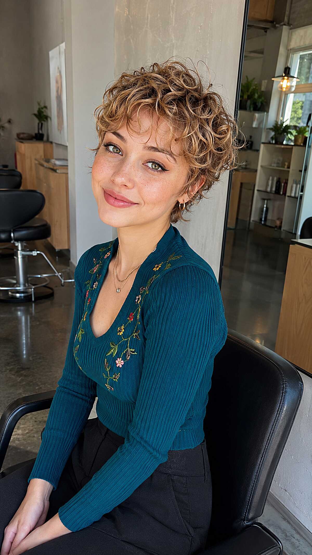 Honey Blonde Curly Pixie with Loose Crown Volume
