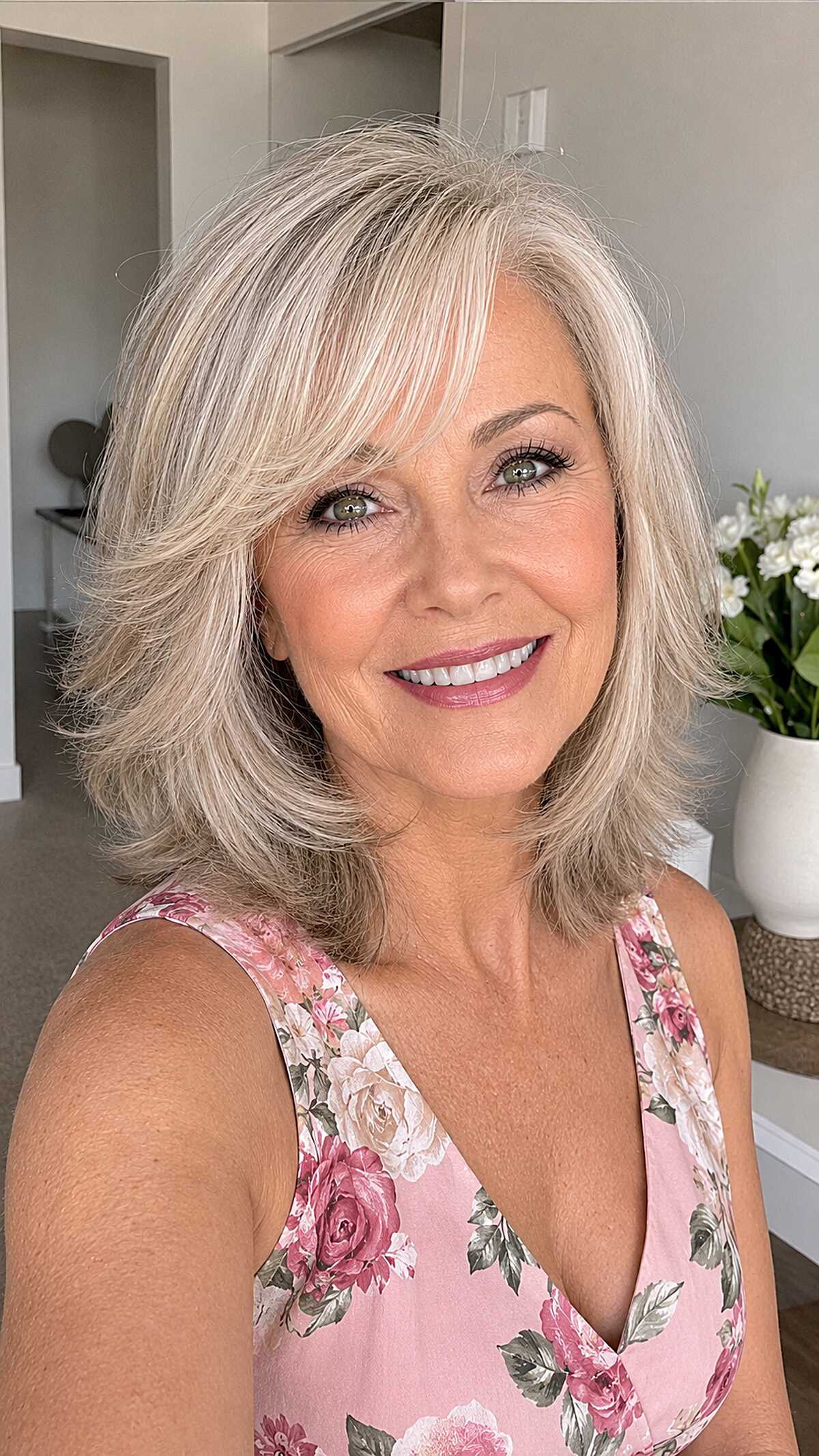 Icy Blonde Shoulder Shag with Flipped Layered Ends