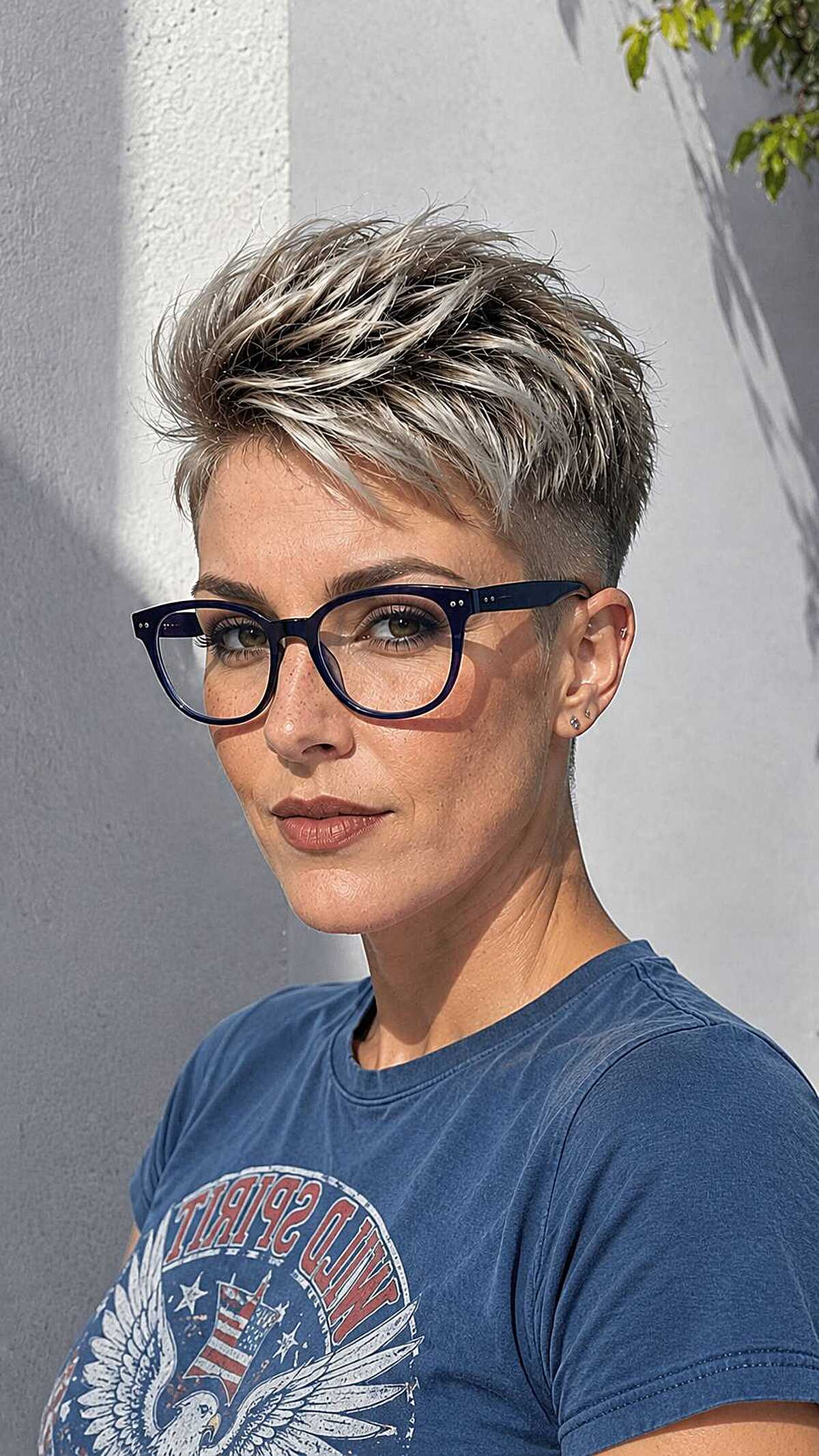 Icy silver spiky pixie with navy blue cat-eye frames