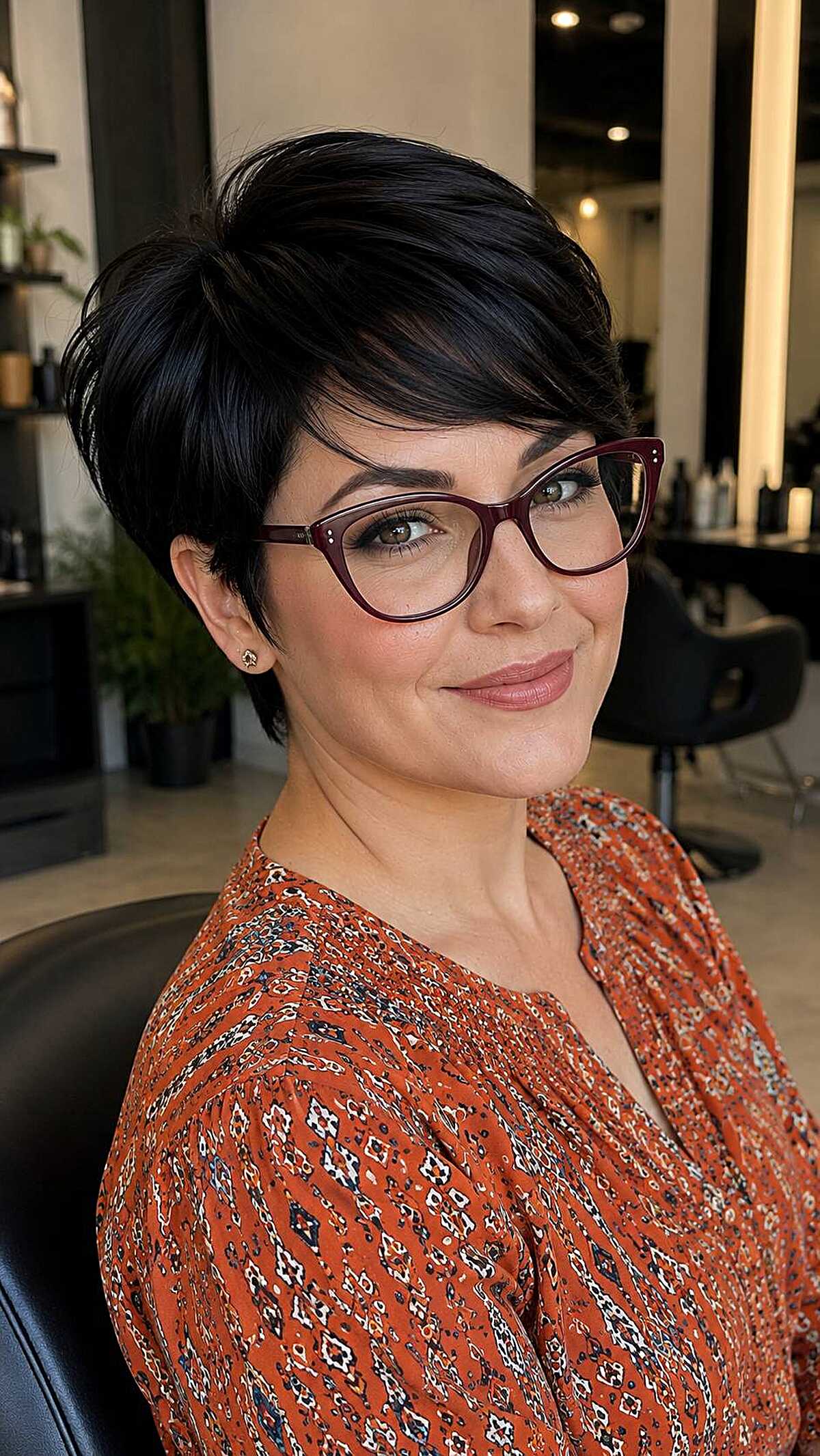 Jet black voluminous pixie with burgundy cat-eye frames