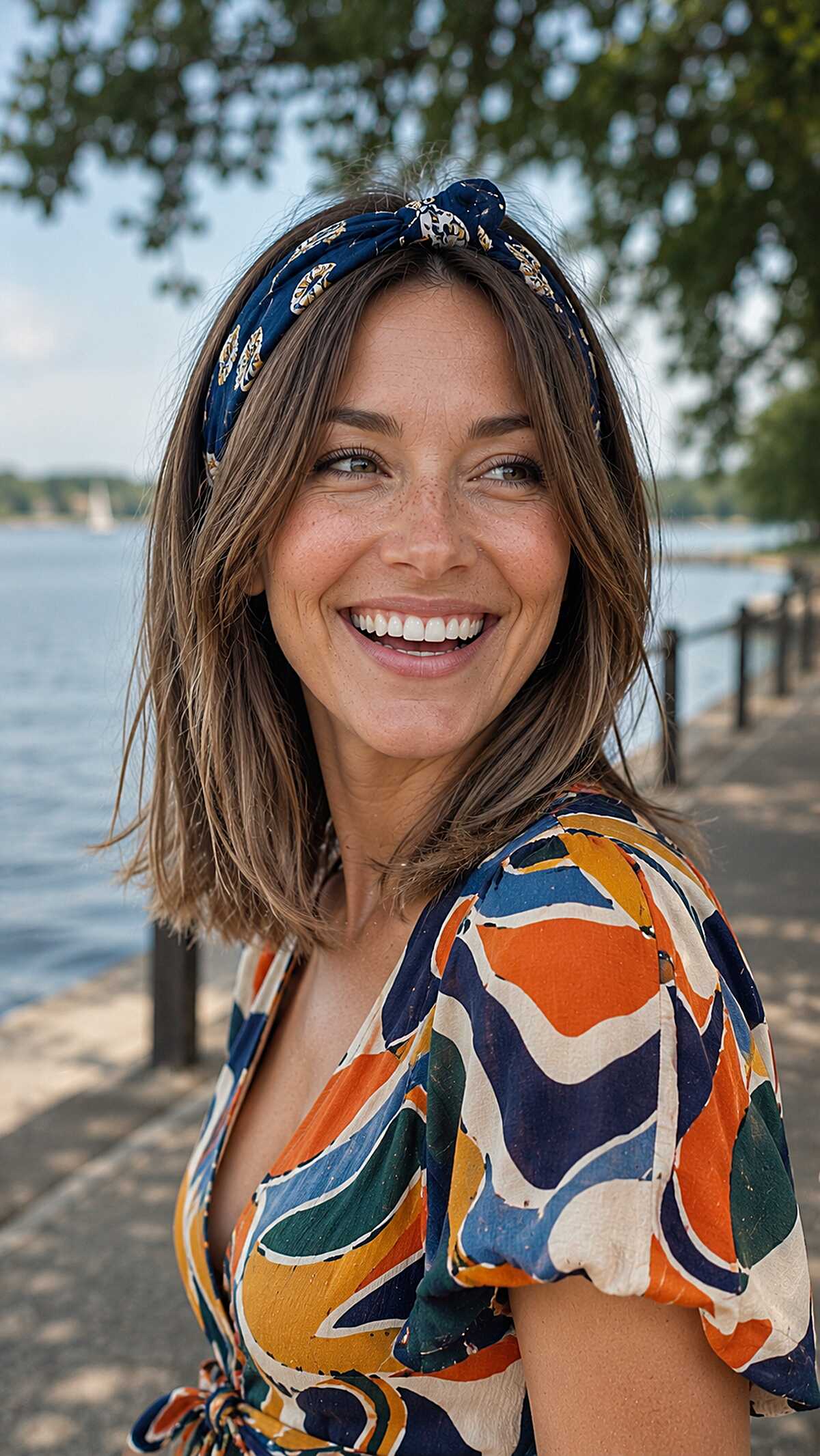 Knotted Headband on a Textured Brunette Collarbone Chop
