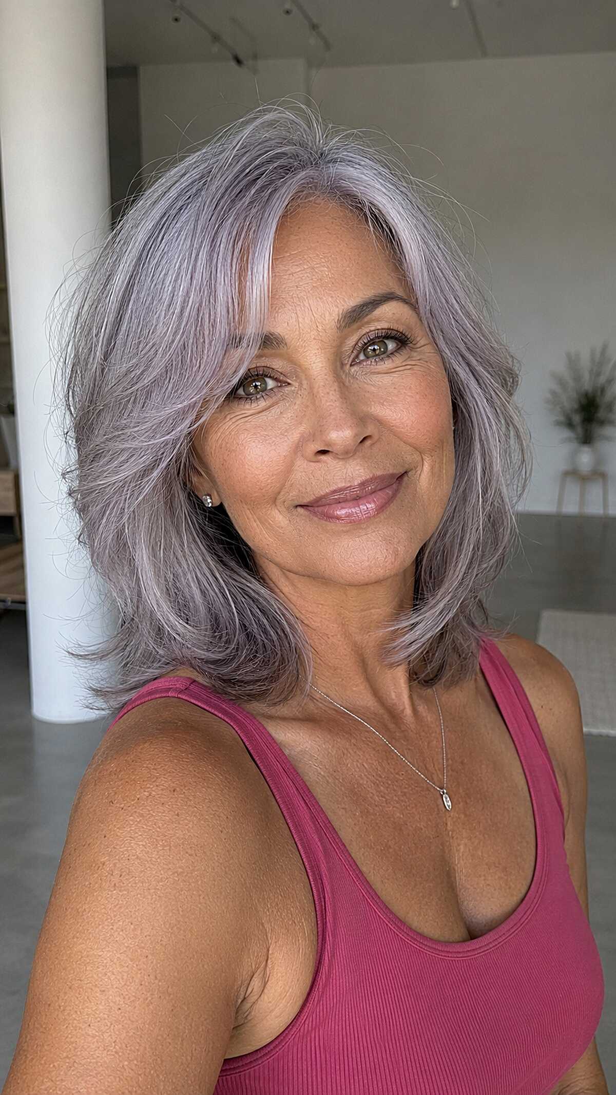 Lavender-Toned Silver Lob with Soft Curtain Layers