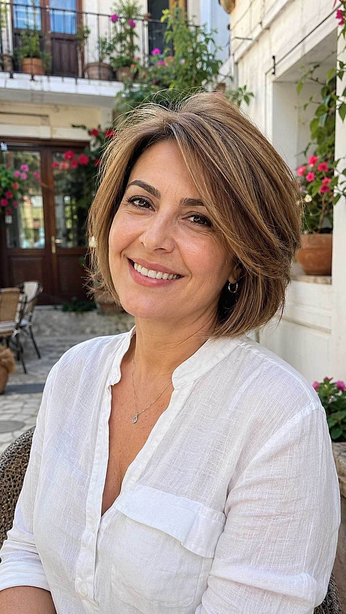 Light brunette chin-length bob with blended highlights
