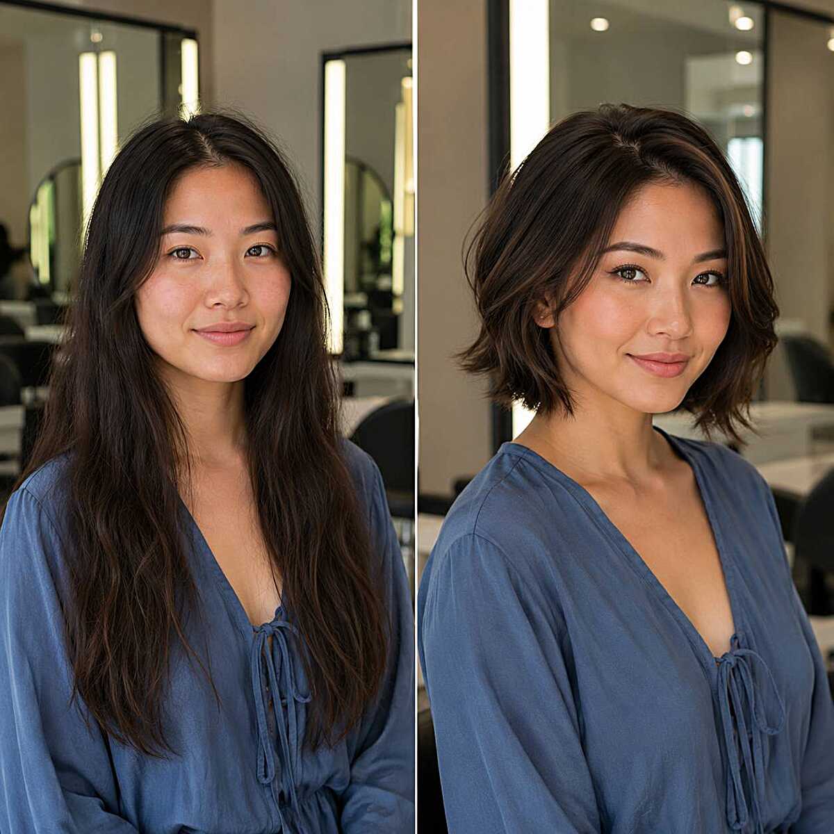 Before and after long dark hair to layered wavy bob