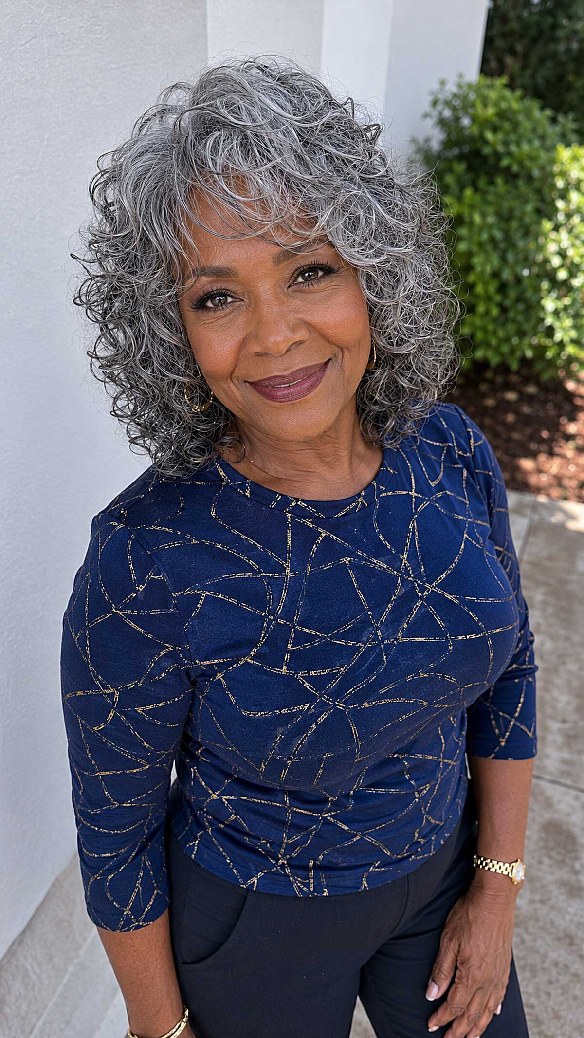 Natural Silver Curly Shag with Layered Bangs and Full Crown