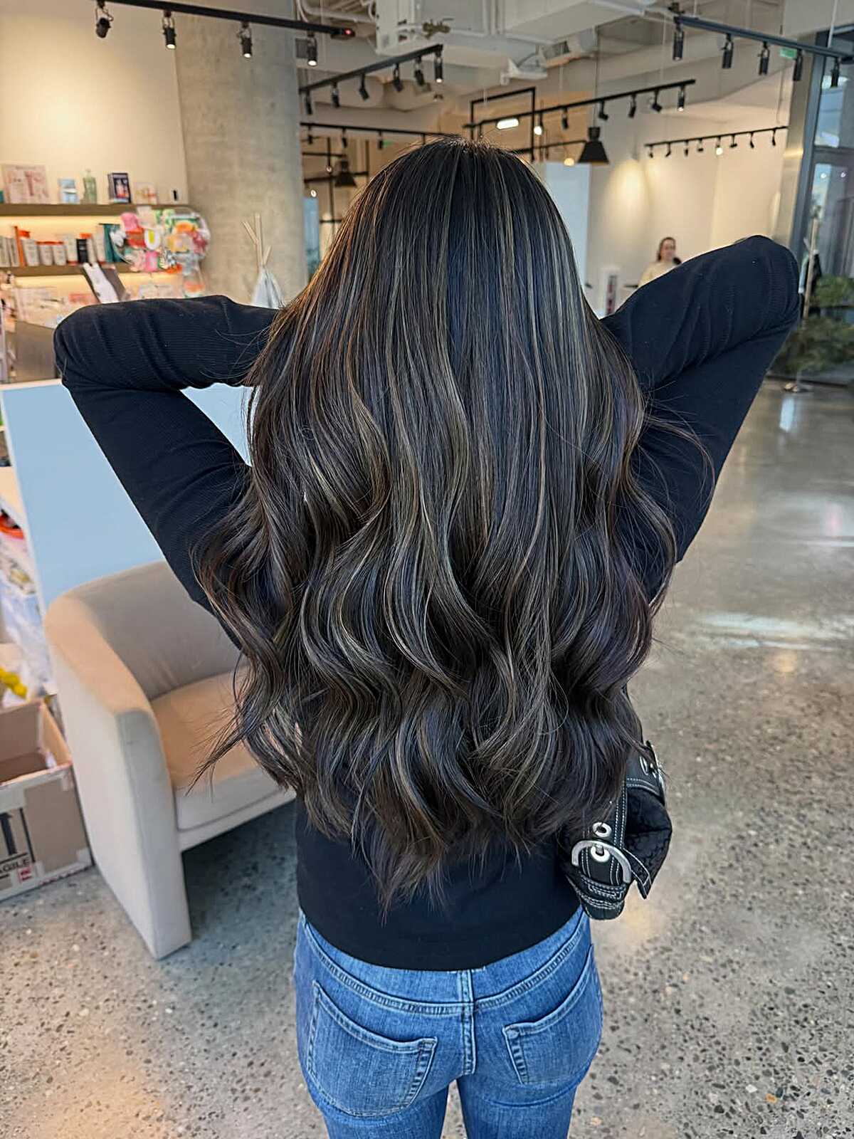 Very dark brunette with cool ashy balayage highlights