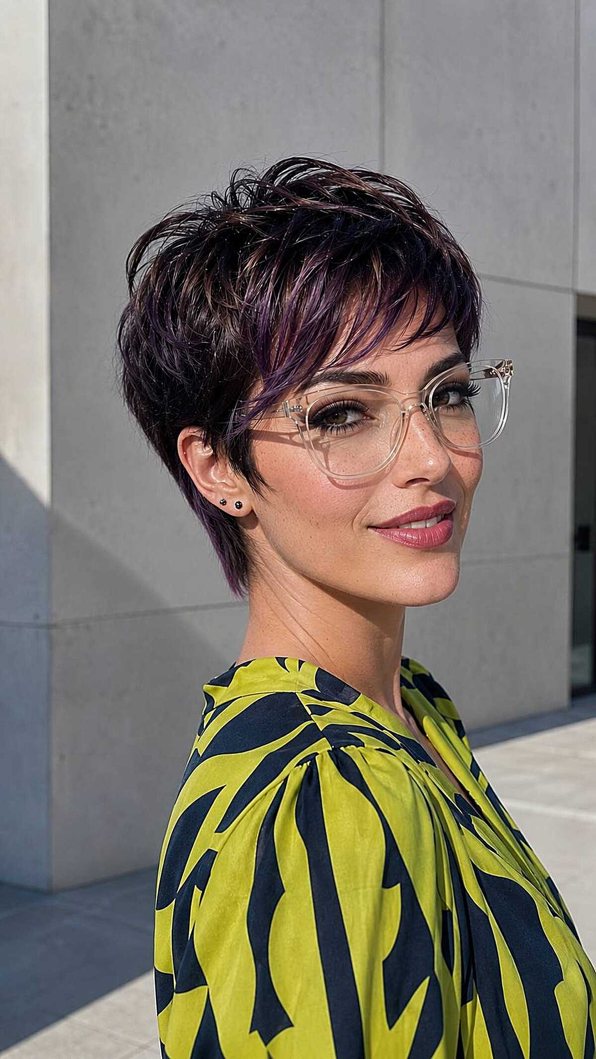 Dark pixie with plum purple tones and clear frames