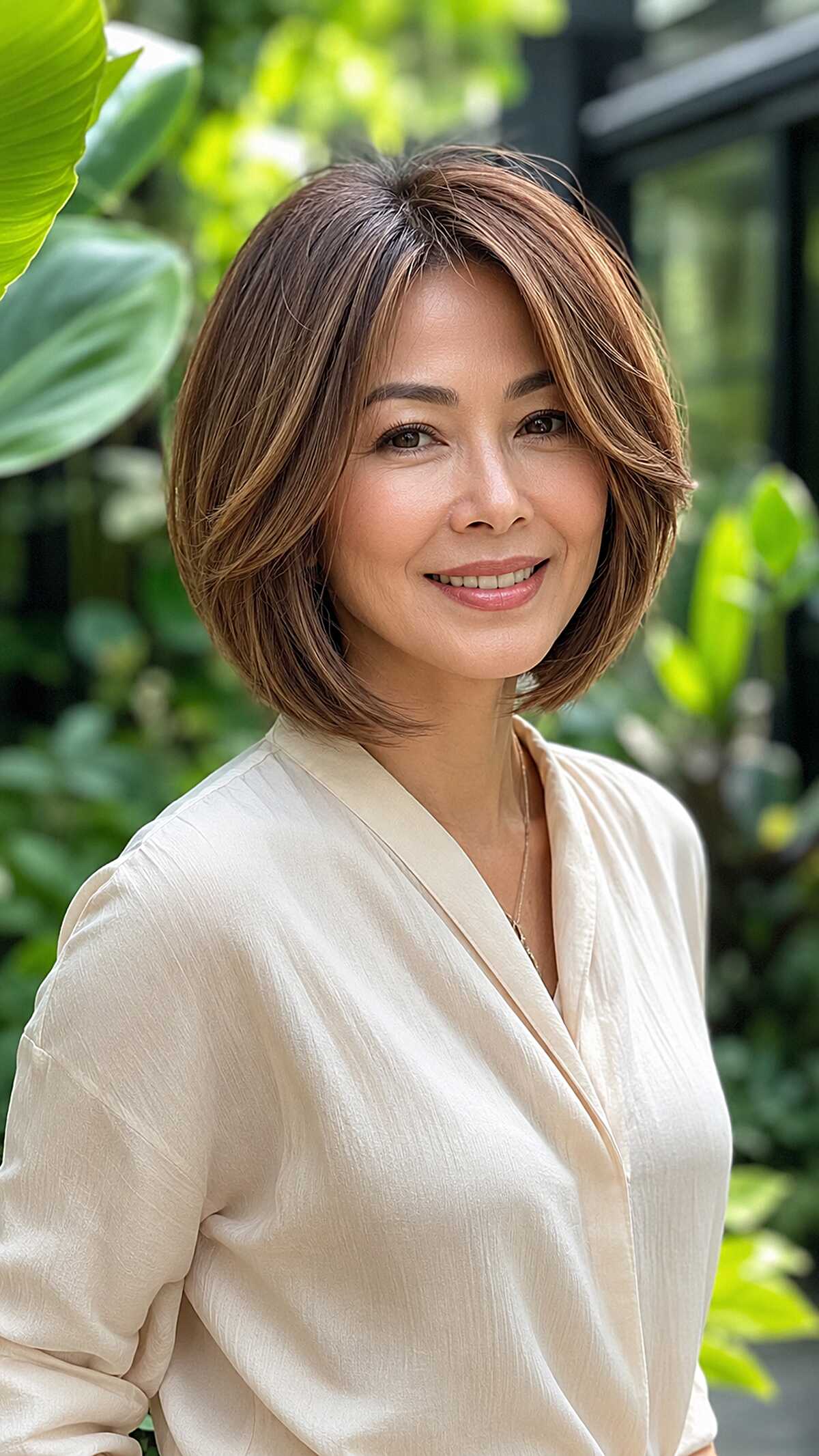 Polished brunette bob with caramel highlights
