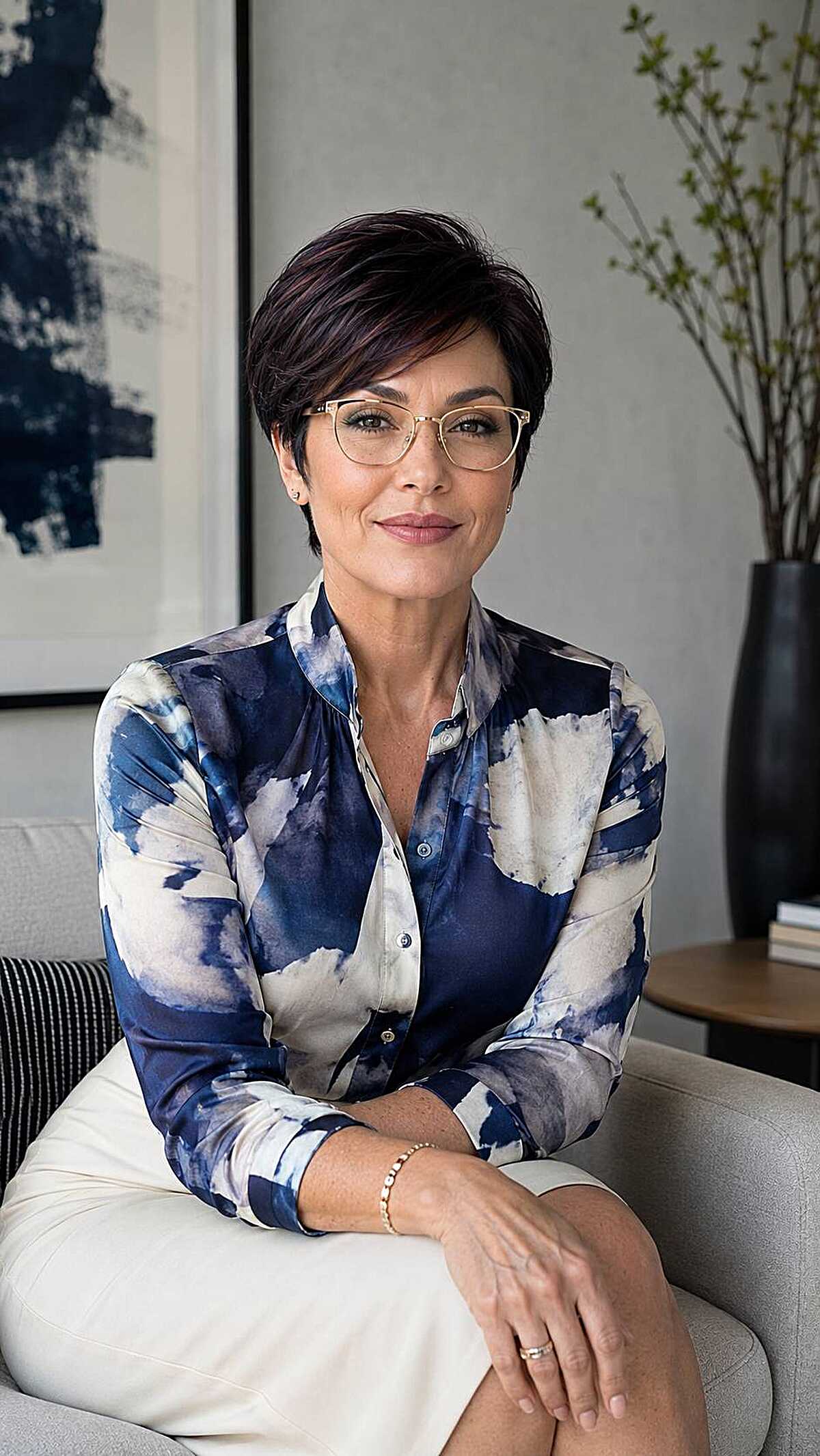 Sleek dark brown pixie with champagne gold glasses