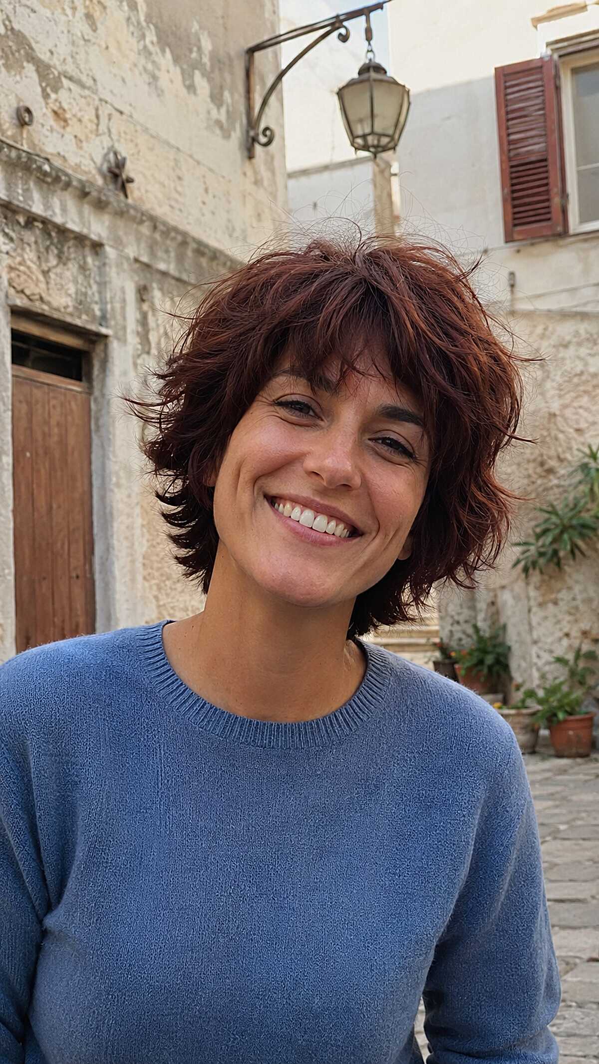 Reddish-Brown Cropped Shag with Tousled Fringe